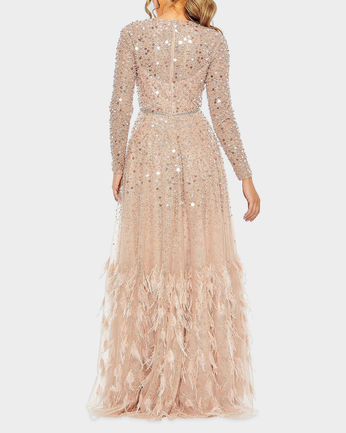 Mac Duggal Disc Sequin & Feather Embellished Gown