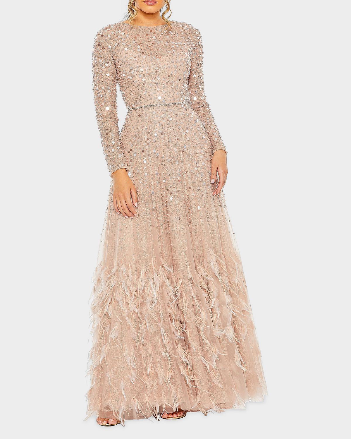 Mac Duggal Disc Sequin & Feather Embellished Gown
