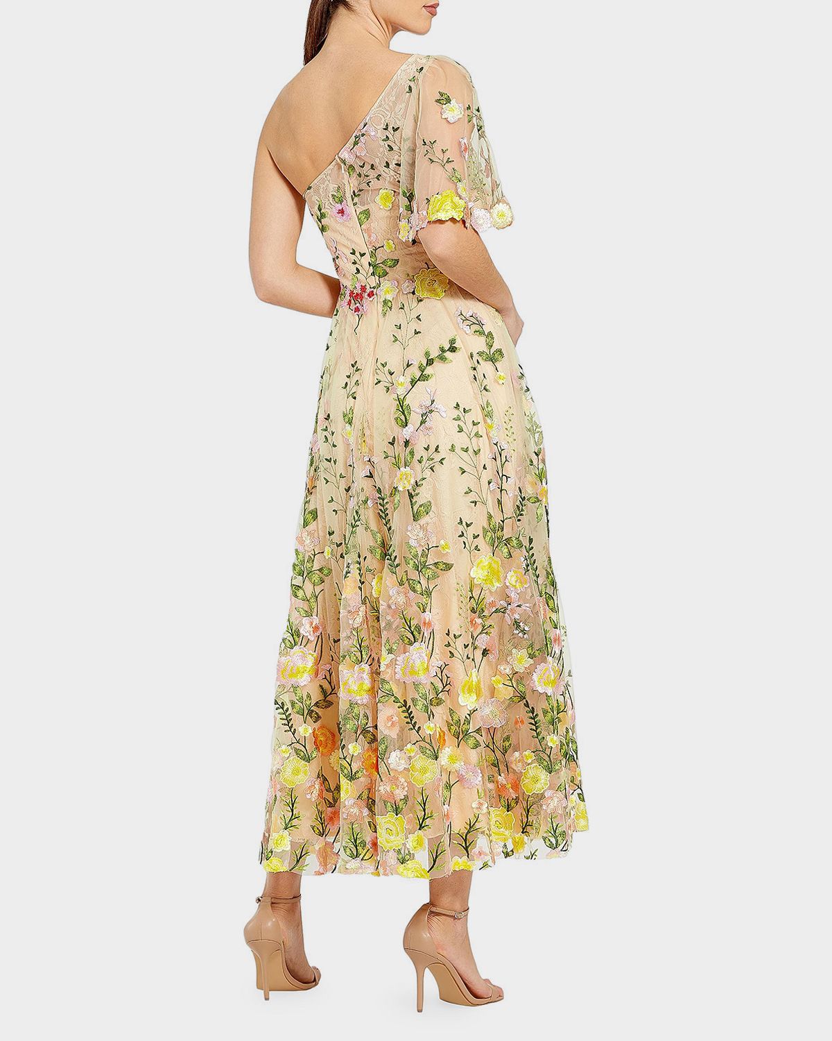 Mac Duggal Floral Embroidered One-Shoulder Midi-Dress