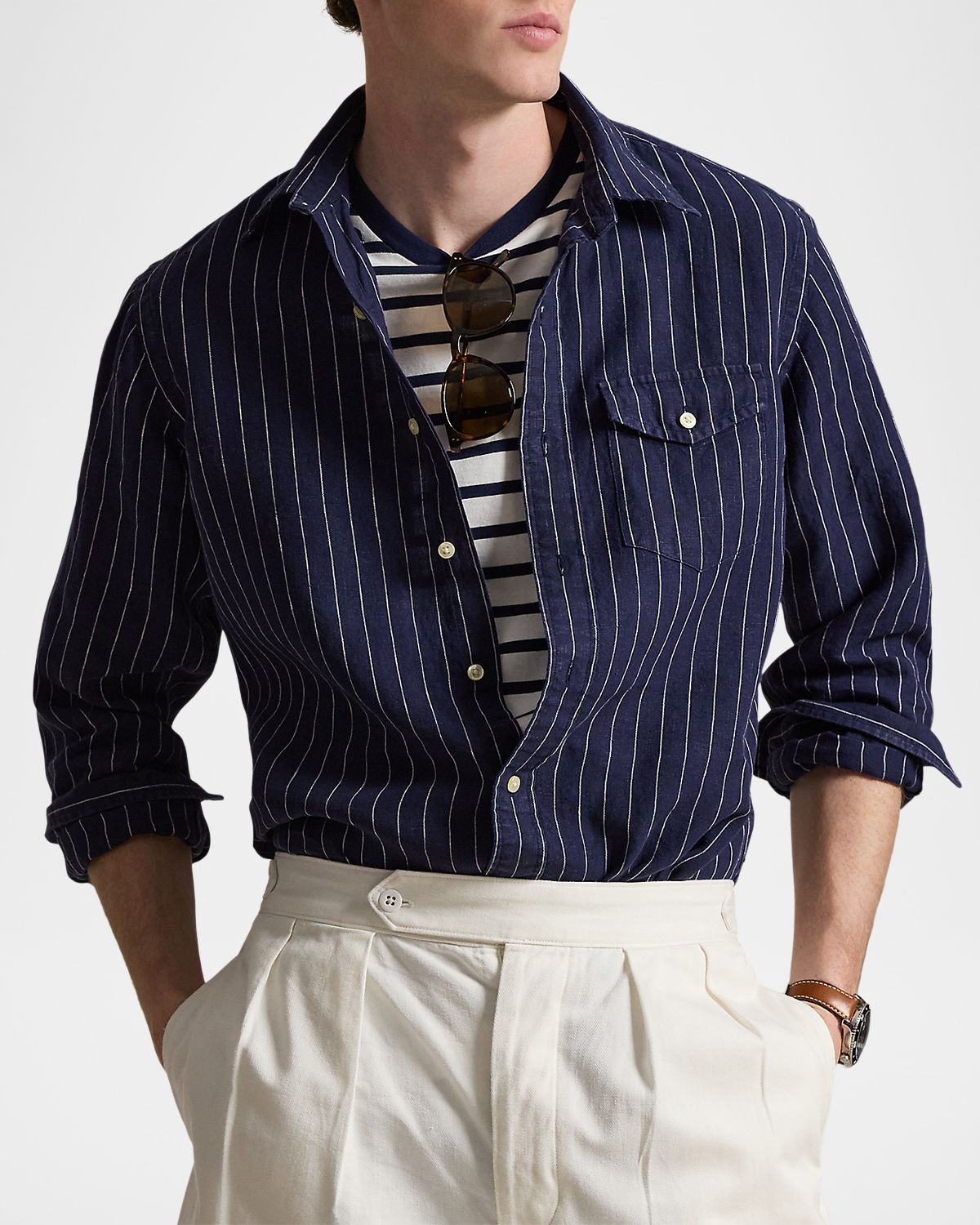 Polo Ralph Lauren Men 's Slub Linen Hairline Stripe Button-Down Shirt | Thumbnail 4 Polo Ralph Lauren Men 's Slub Linen Hairline Stripe Button-Down Shirt | Thumbnail 4