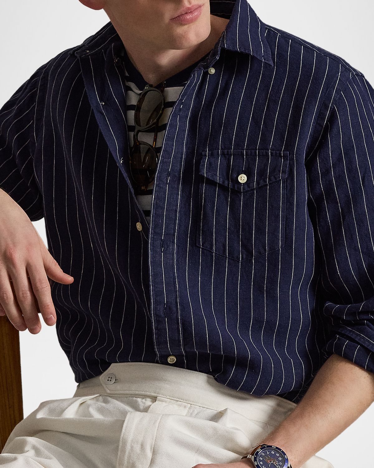 Polo Ralph Lauren Men 's Slub Linen Hairline Stripe Button-Down Shirt | Thumbnail 6 Polo Ralph Lauren Men 's Slub Linen Hairline Stripe Button-Down Shirt | Thumbnail 6