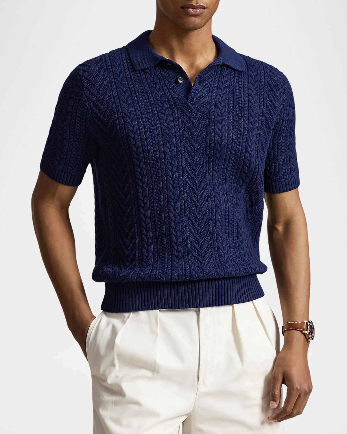 Polo Ralph Lauren Men 's Cotton Aran Knit Short-Sleeve Polo Sweater | Thumbnail 4 Polo Ralph Lauren Men 's Cotton Aran Knit Short-Sleeve Polo Sweater | Thumbnail 4