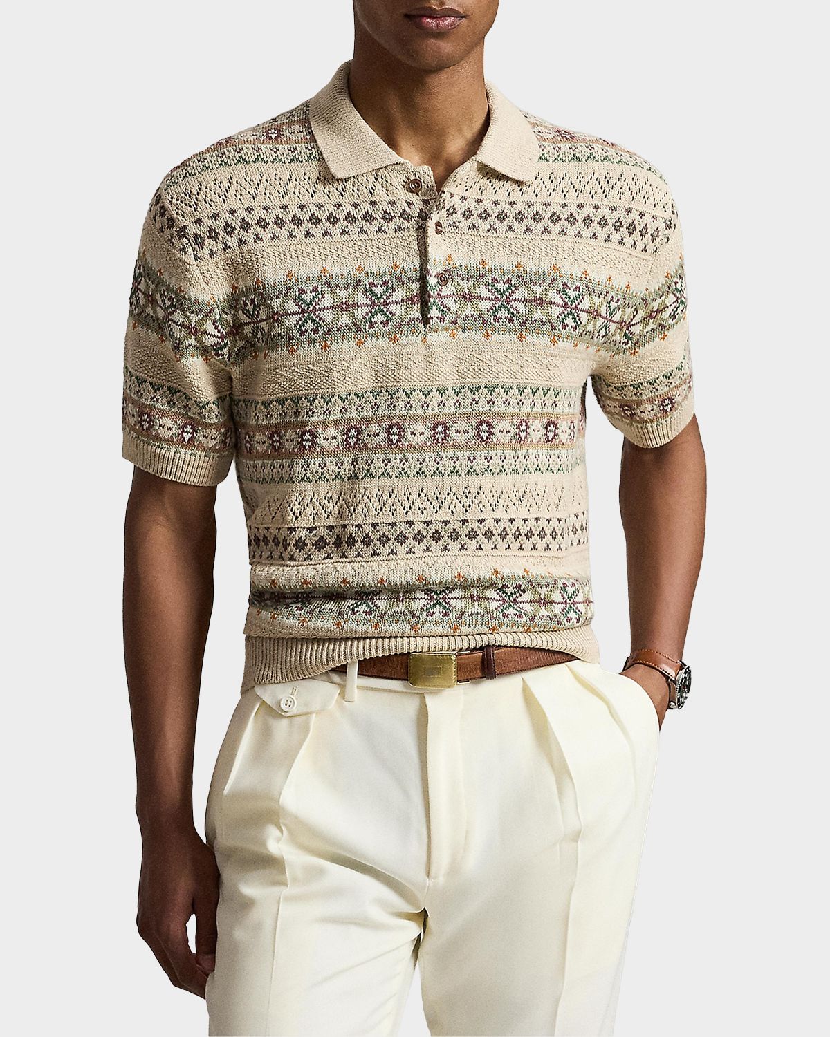 Polo Ralph Lauren Men 's Fair Isle Linen-Cotton Polo Sweater | Thumbnail 4 Polo Ralph Lauren Men 's Fair Isle Linen-Cotton Polo Sweater | Thumbnail 4