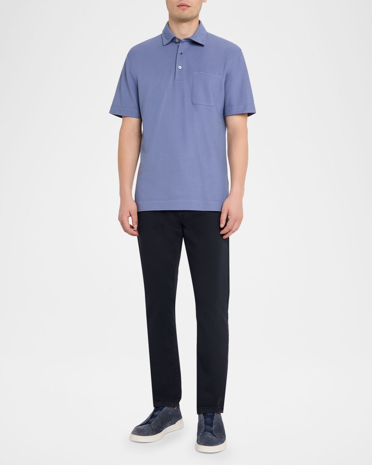 ZEGNA Men's Pique Polo Shirt with Leather-Trim Pocket