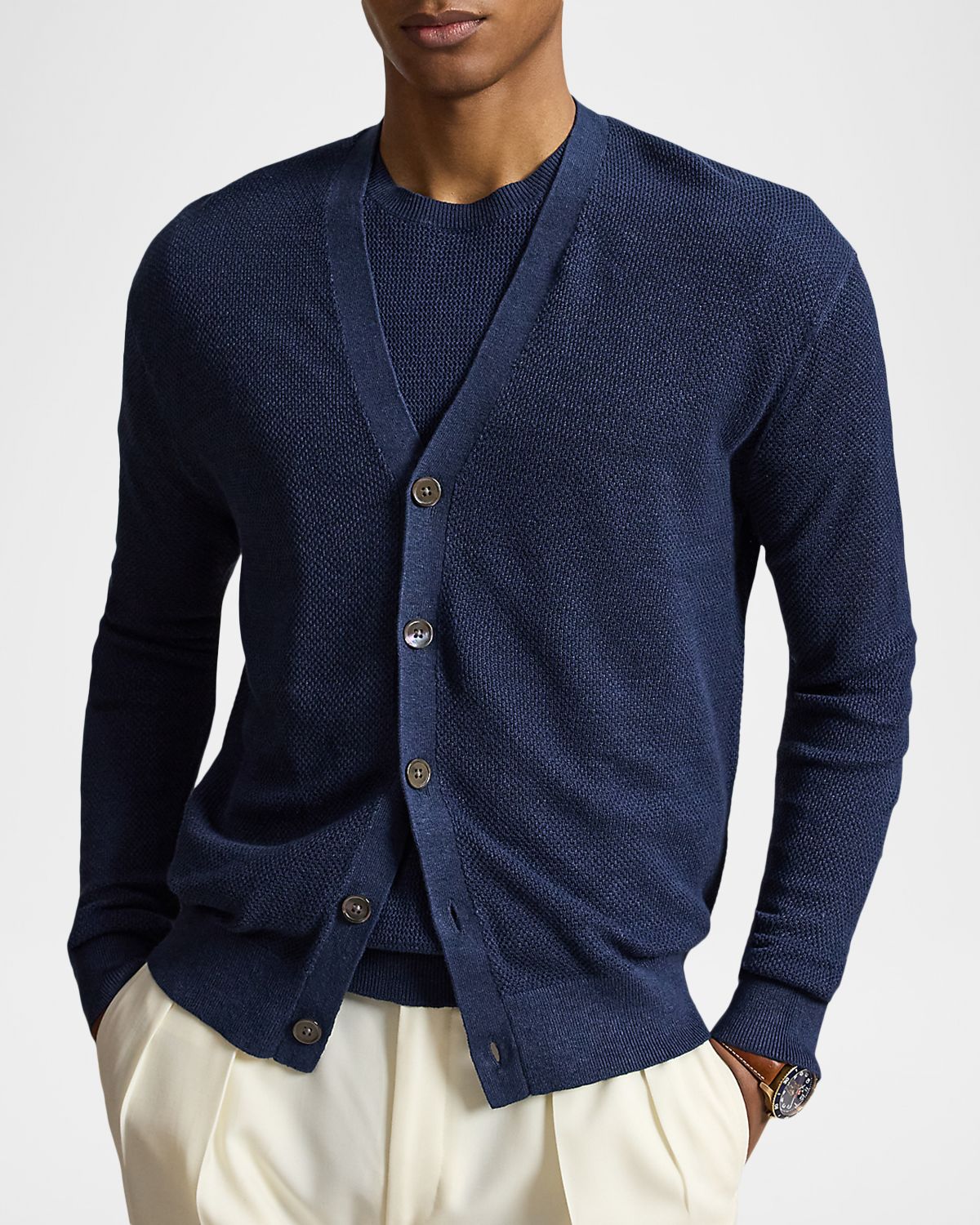 Polo Ralph Lauren Men 's Relaxed Fit Piqué-Knit Linen Cardigan | Thumbnail 4 Polo Ralph Lauren Men 's Relaxed Fit Piqué-Knit Linen Cardigan | Thumbnail 4