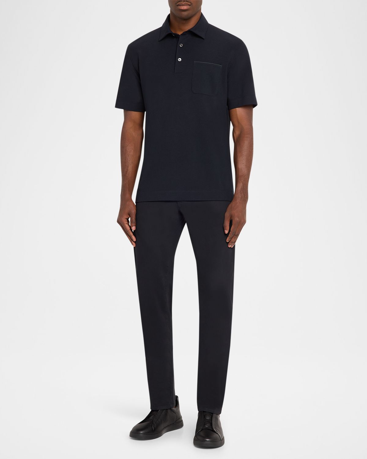 ZEGNA Men's Cotton Polo Shirt with Leather-Trim Pocket