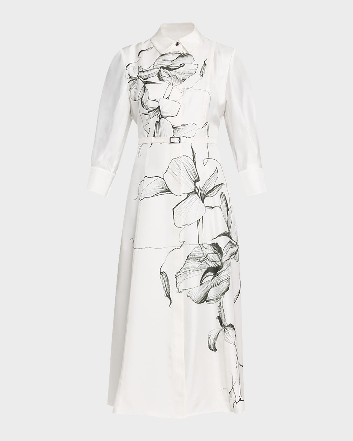 Jason Wu Collection Shadow Floral Silk Belted Midi Shirtdress