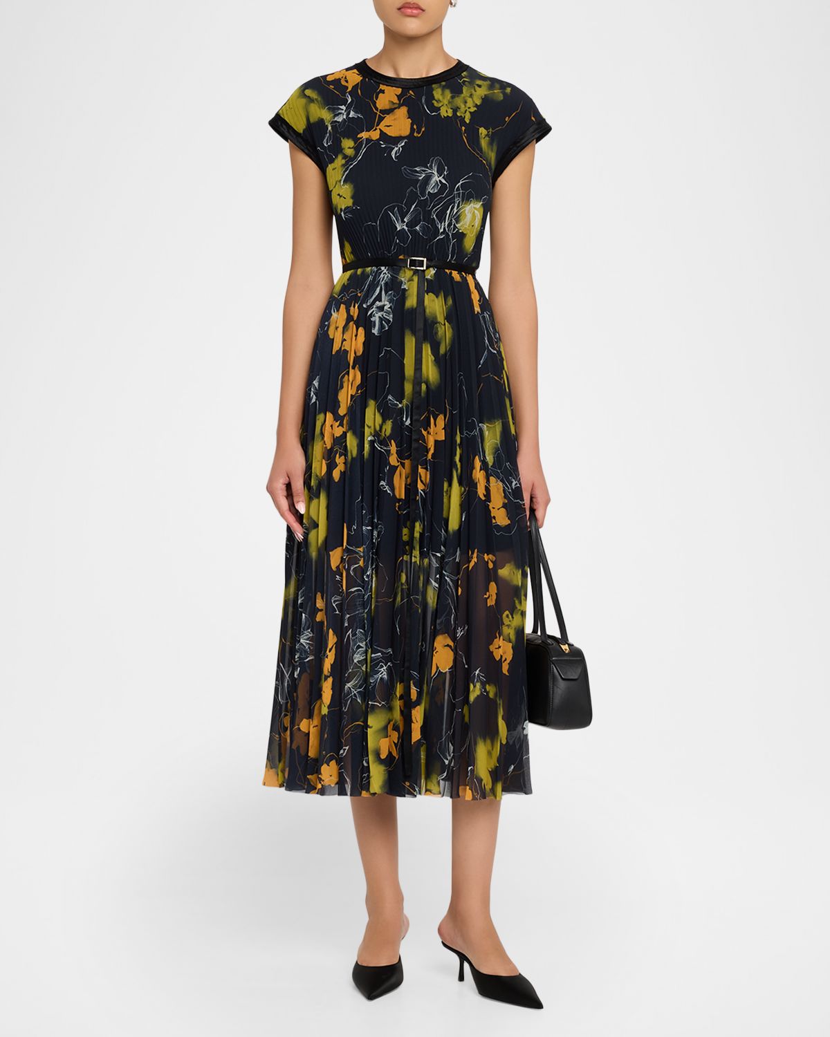 Jason Wu Collection Shadow Floral Pleated Crepe De Chine Midi Dress