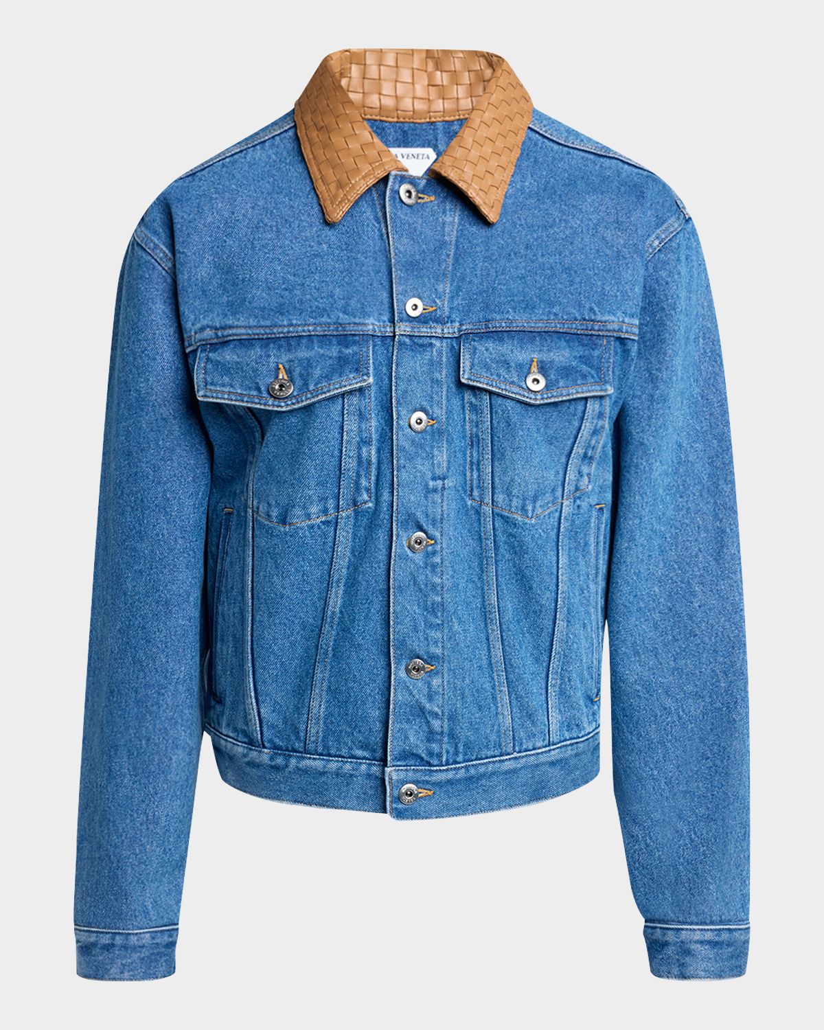 Bottega Veneta Men 's Intrecciato-Leather Collar Denim Jacket