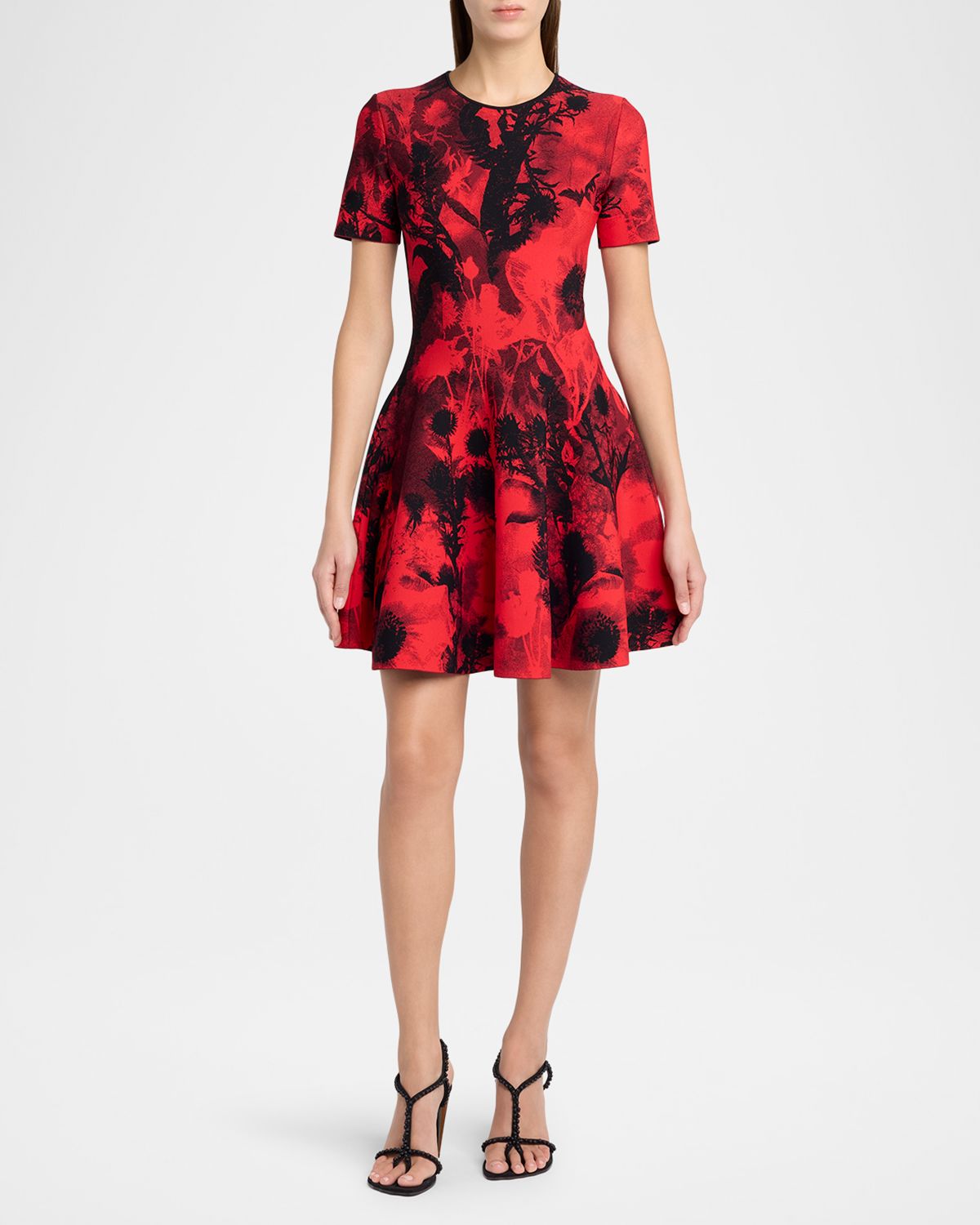 McQueen Floral Jacquard Short-Sleeve Mini Dress