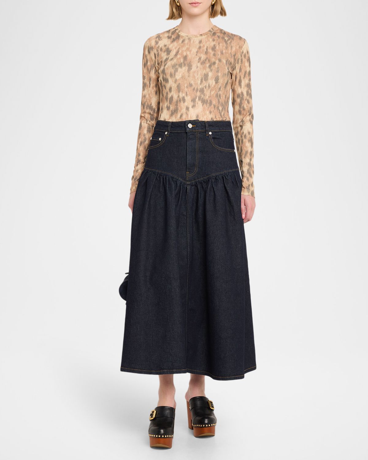 Ganni Stretch Denim Midi Skirt