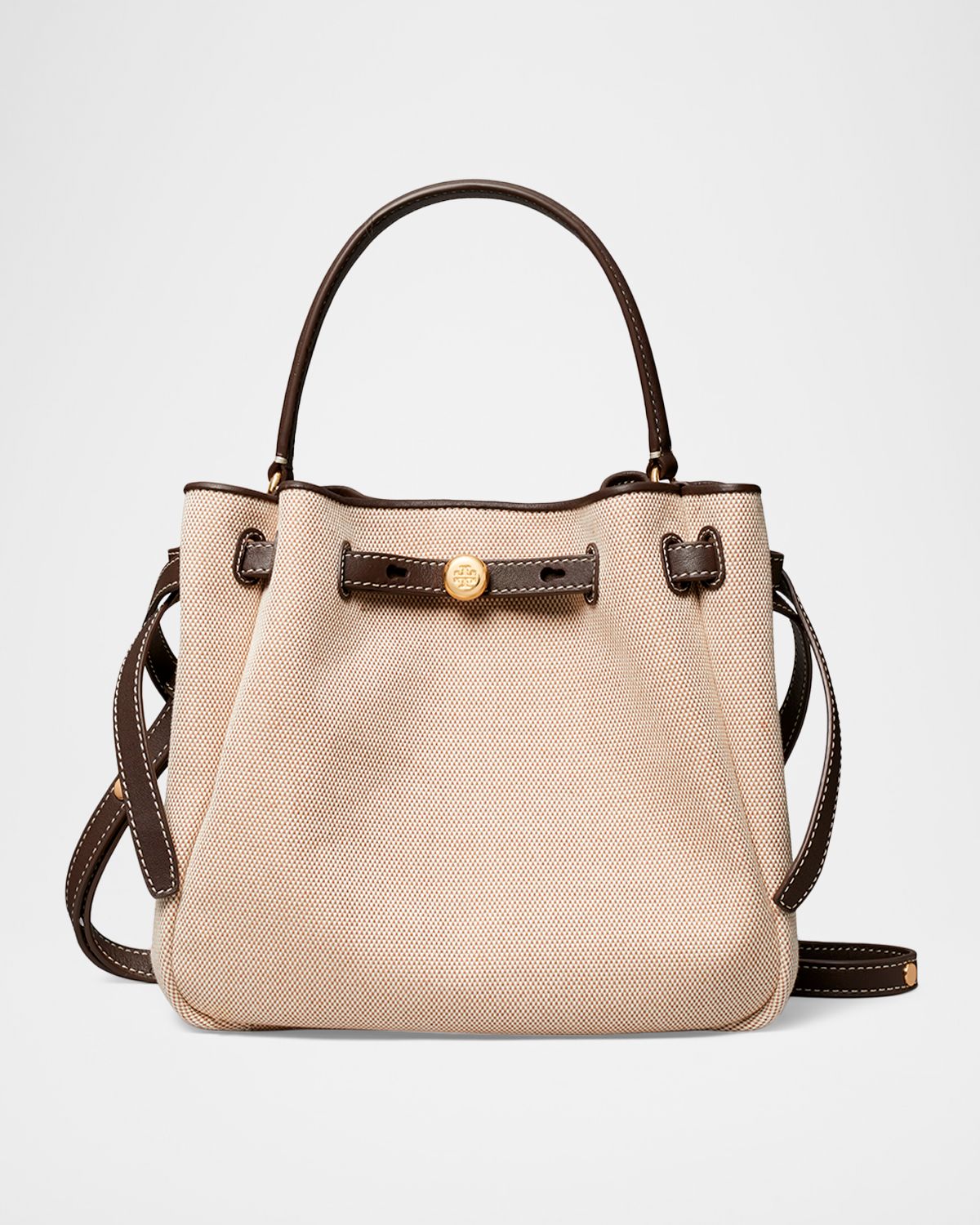 Tory Burch Romy Small Canvas Leather-Trim Crossbody Bucket Bag
