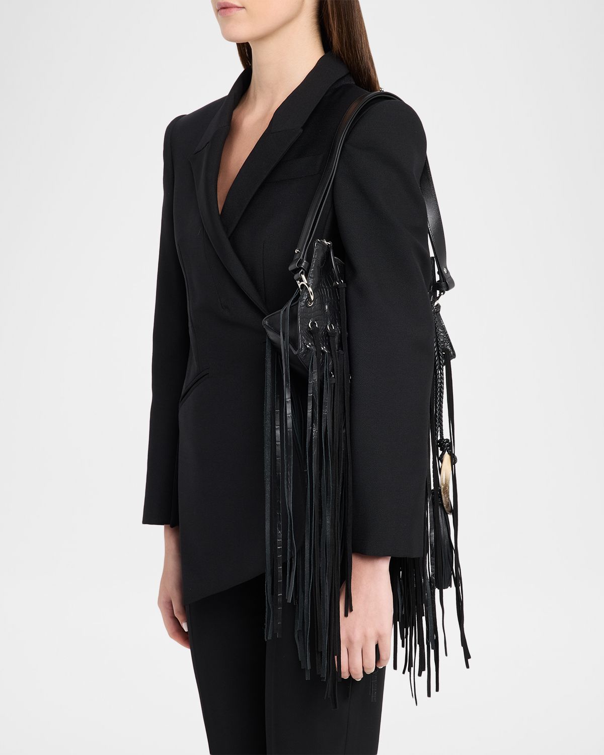 McQueen Manta Fringed Croc-Embossed Leather Shoulder Bag