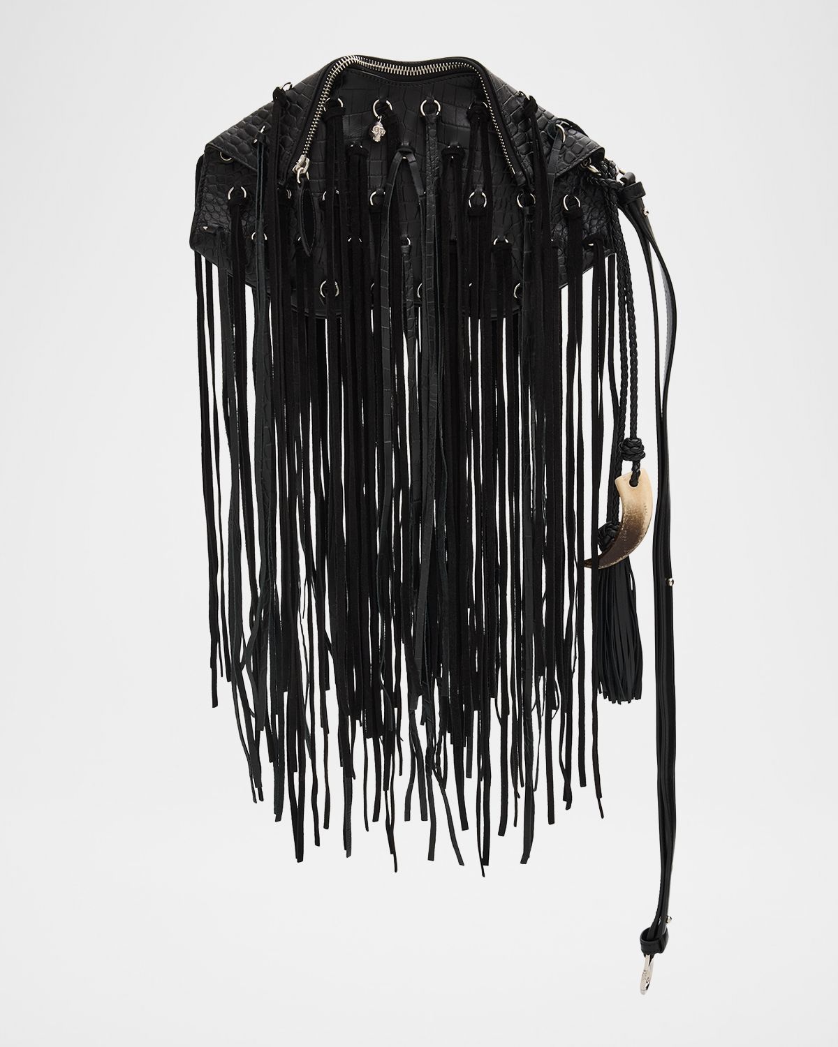 McQueen Manta Fringed Croc-Embossed Leather Shoulder Bag