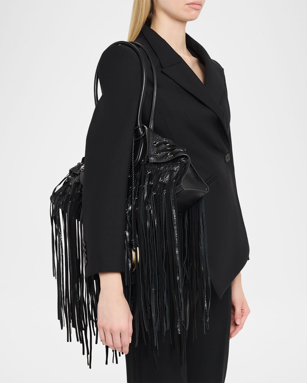 McQueen Manta Fringed Croc-Embossed Leather Shoulder Bag