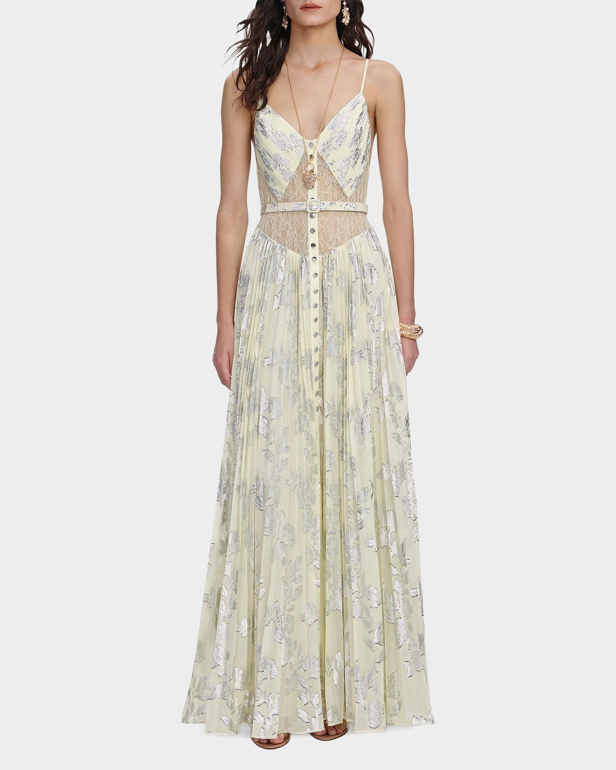Self-Portrait Pleated Metallic Floral Maxi Dress