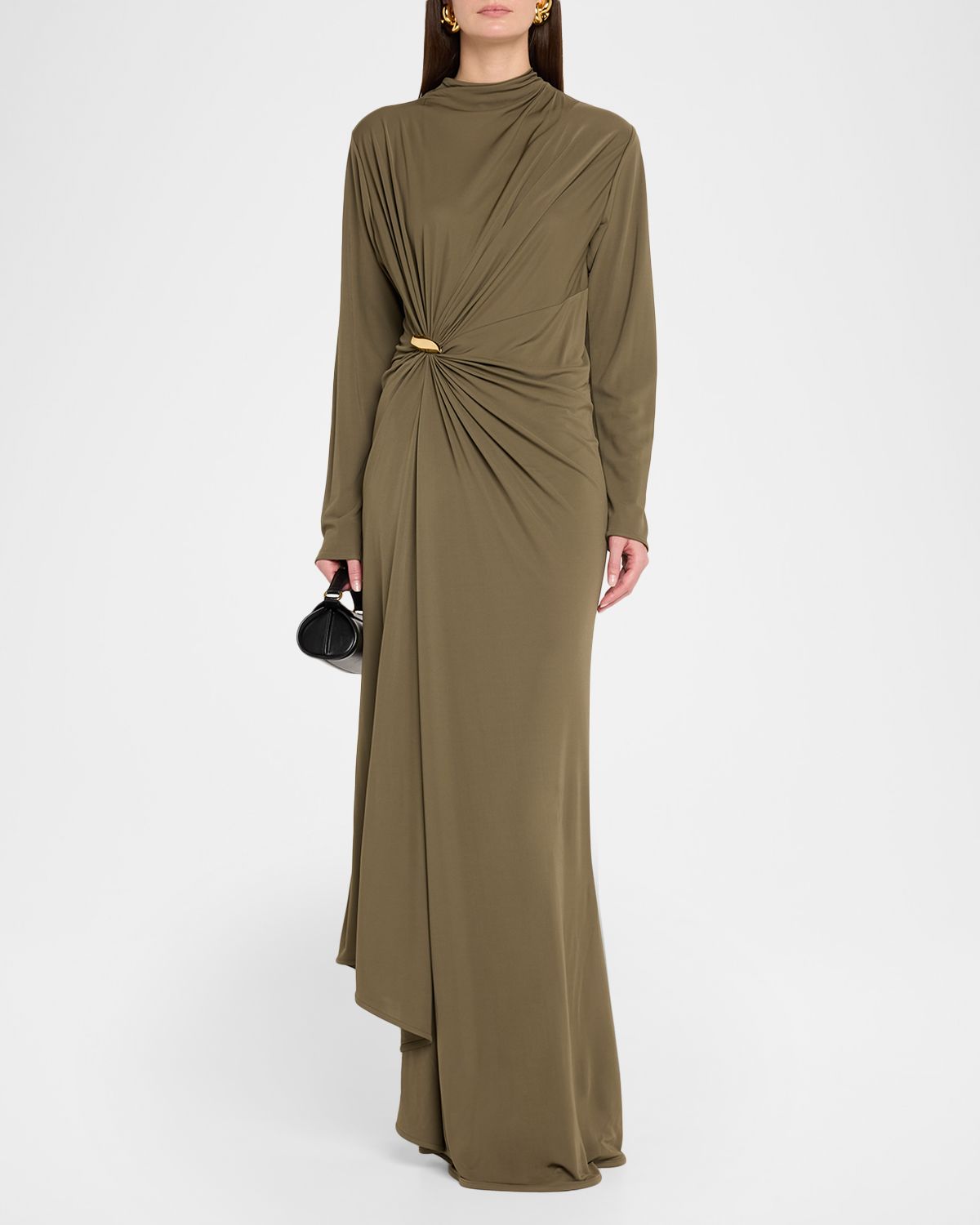 Bottega Veneta Long-Sleeve Draped Matte Crepe Maxi Dress