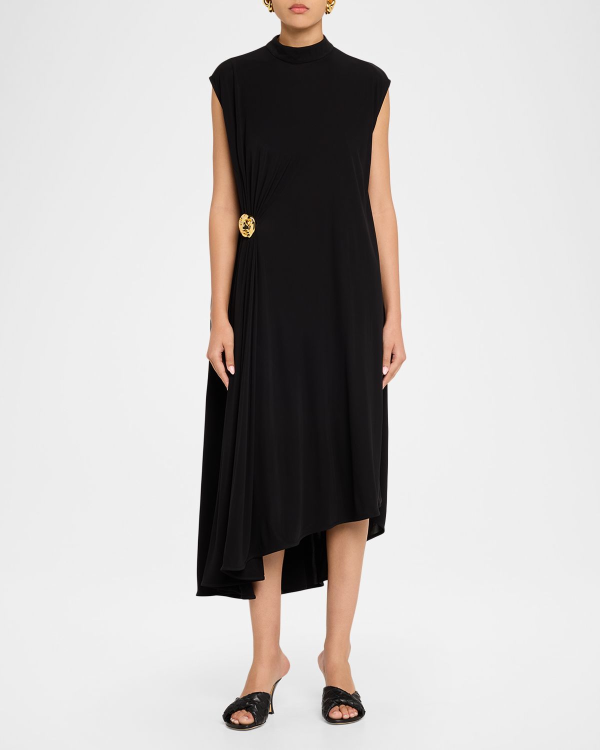 Bottega Veneta Mock-Neck Gathered Jersey Asymmetric Midi Dress
