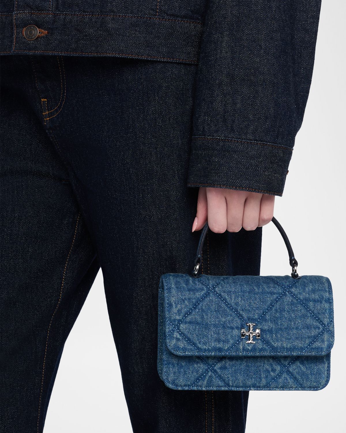 Tory Burch Kira Diamond Quilted Cotton Denim Top Handle Bag