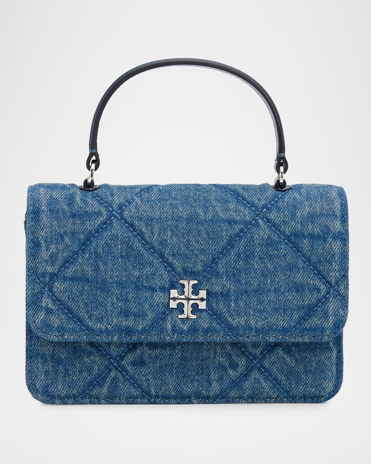 Tory Burch Kira Diamond Quilted Cotton Denim Top Handle Bag
