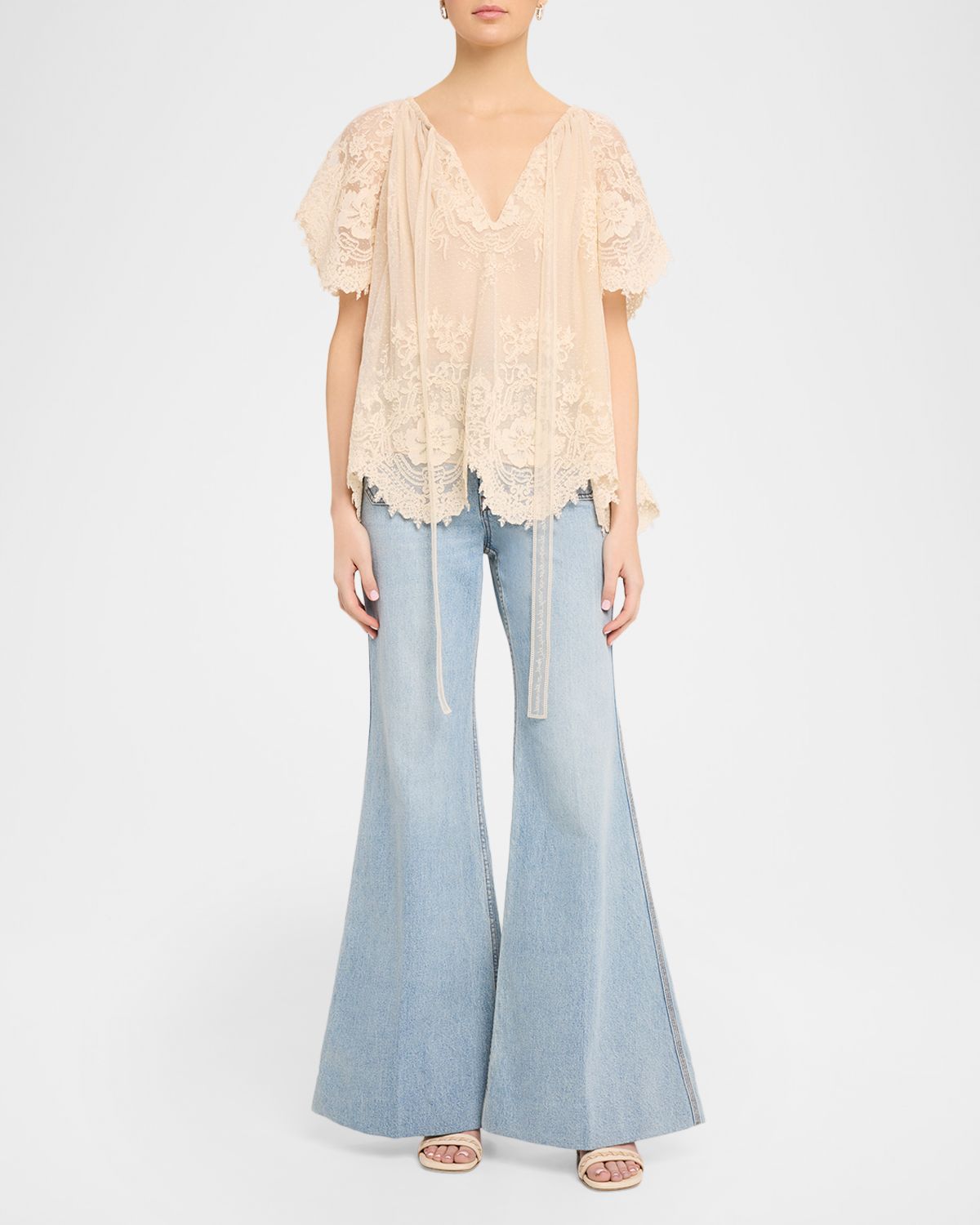 Zimmermann Luna Floral Lace Flutter-Sleeve Blouse