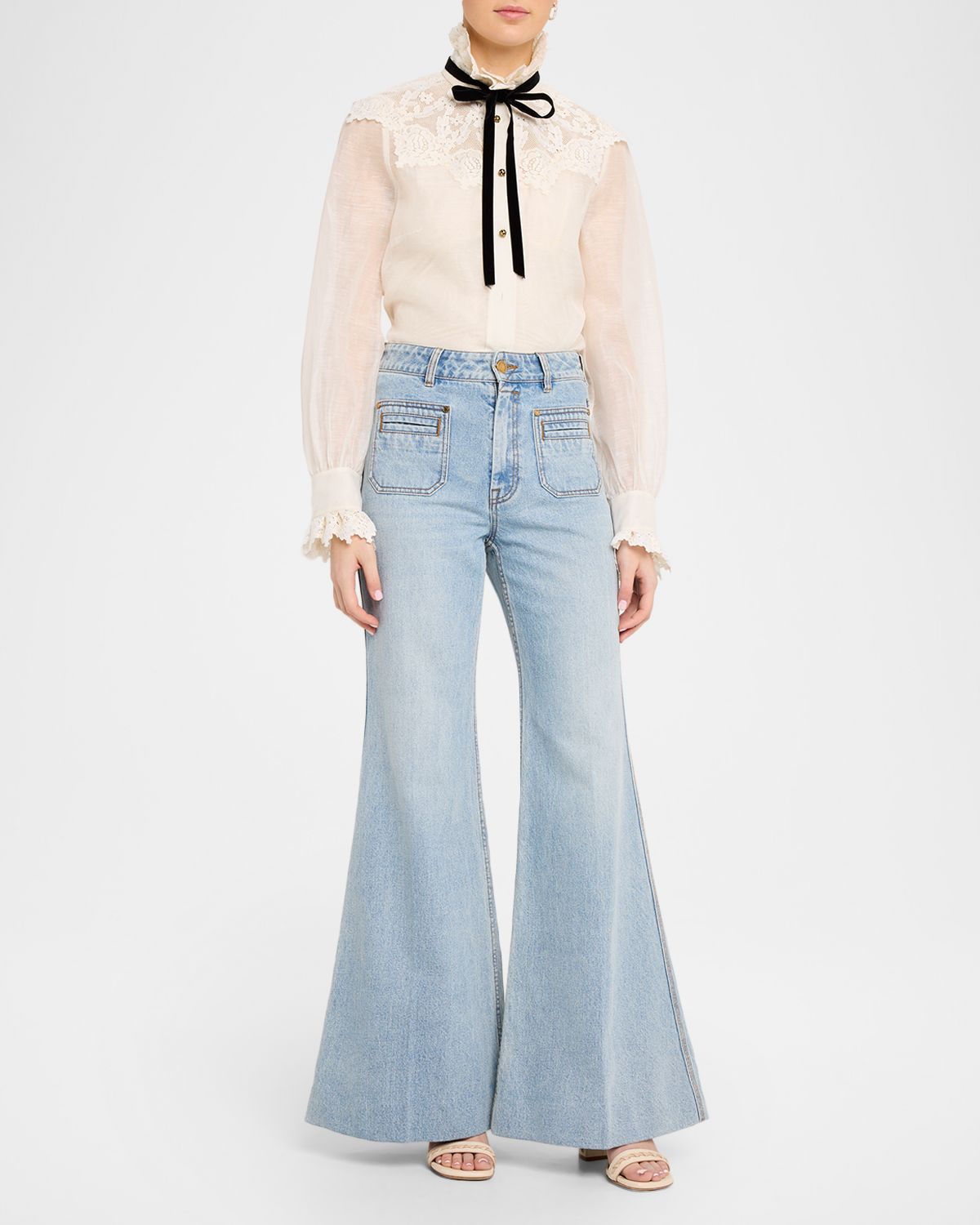 Zimmermann Luna Collared Neck-Tie Lace Blouse