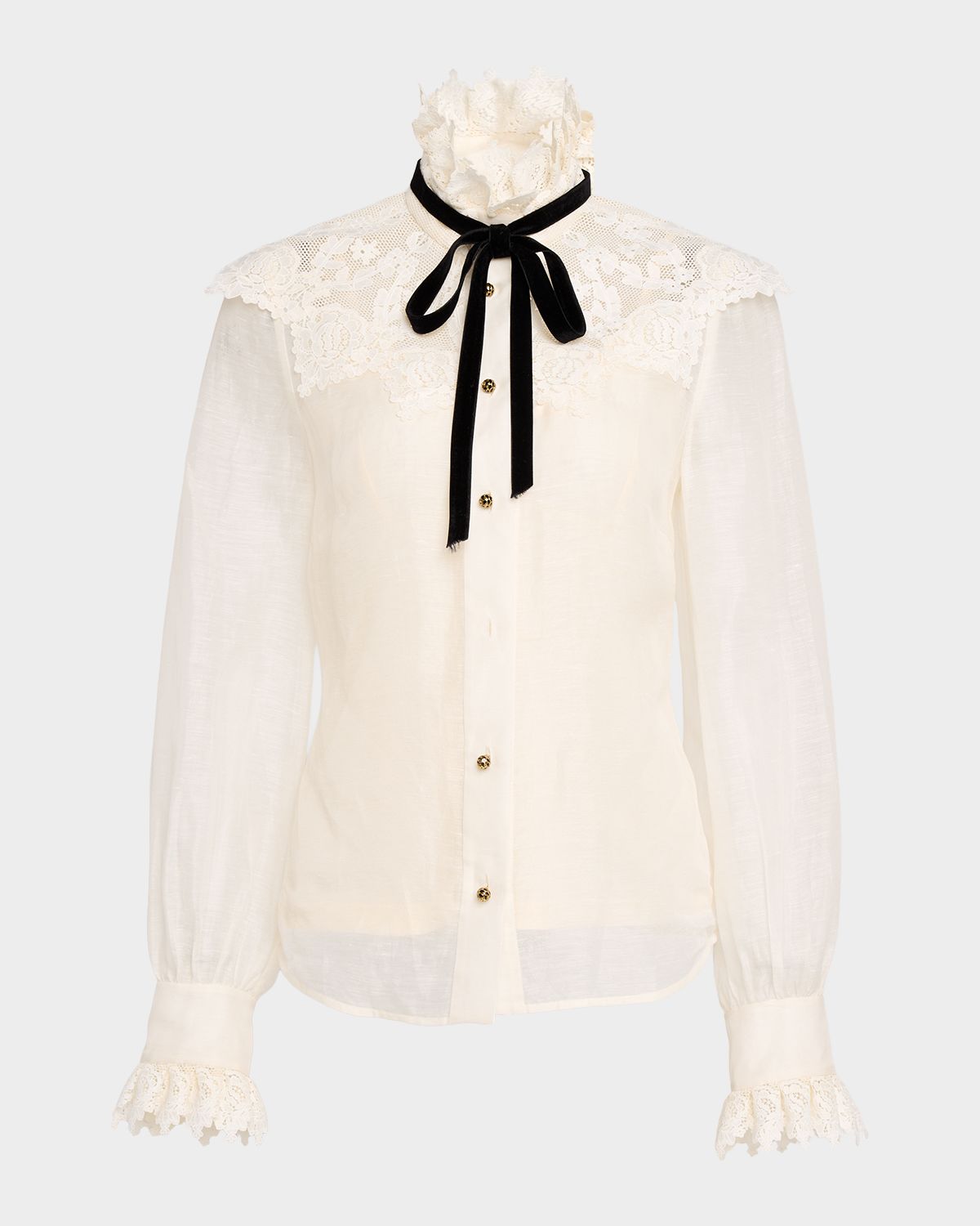 Zimmermann Luna Collared Neck-Tie Lace Blouse
