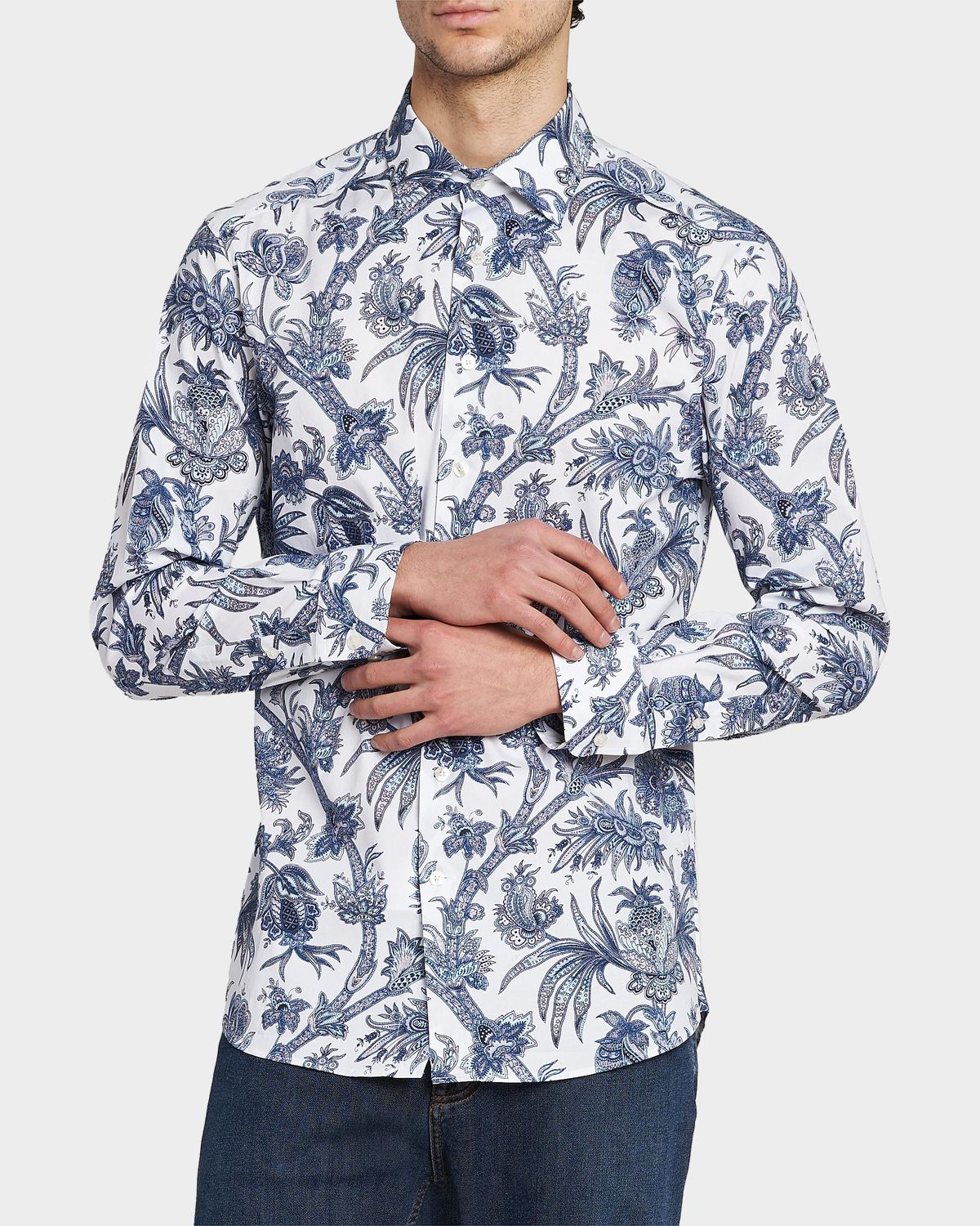 Etro Men 's Floral Paisley Stretch Cotton Sport Shirt | Thumbnail 4 Etro Men 's Floral Paisley Stretch Cotton Sport Shirt | Thumbnail 4