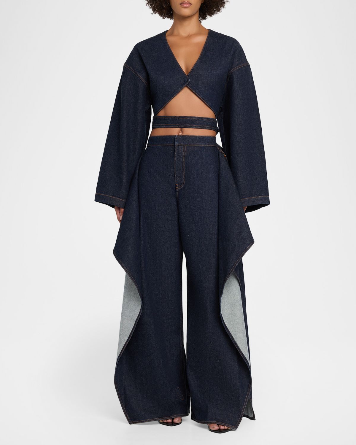 ALAIA Long-Sleeve Denim Crop Wrap Top