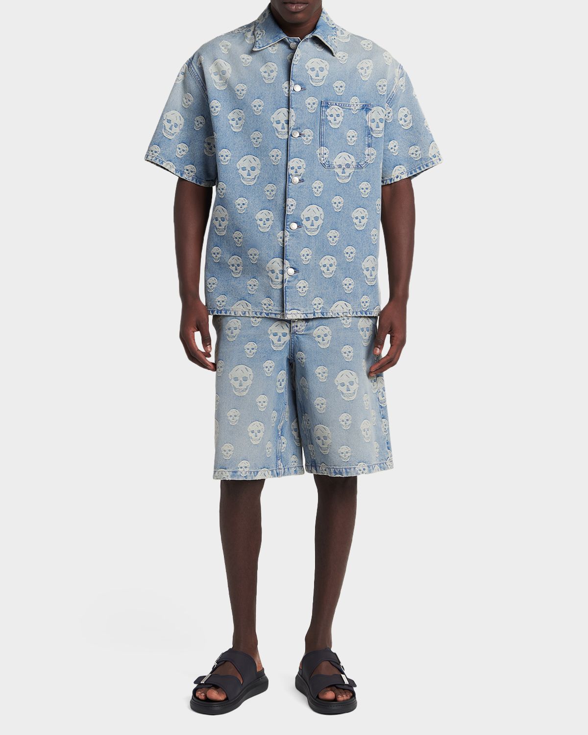 McQueen Men 's Denim Allover Skull Short-Sleeve Shirt