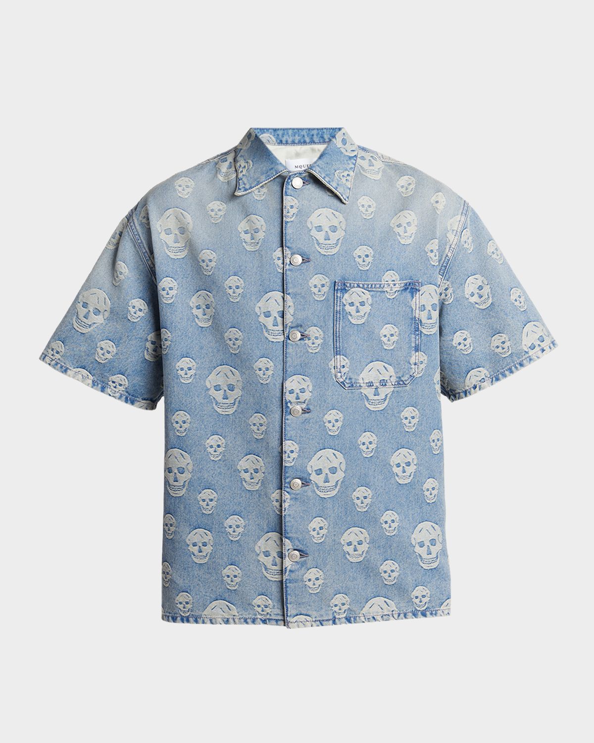 McQueen Men 's Denim Allover Skull Short-Sleeve Shirt