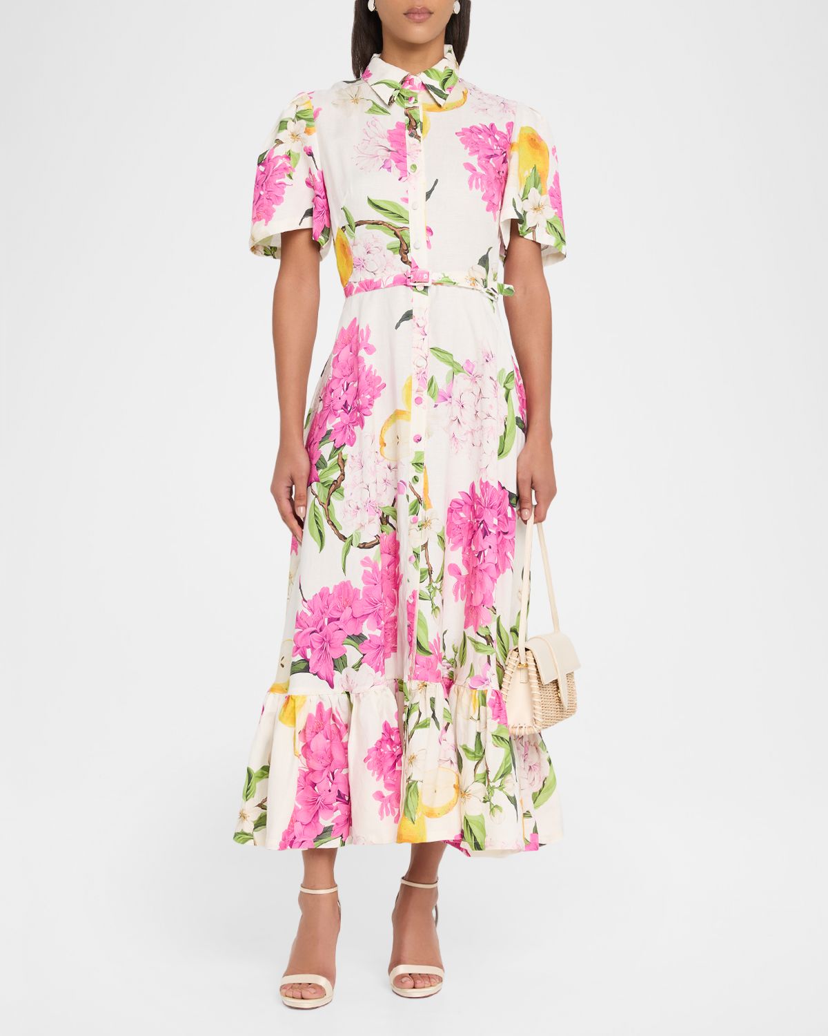 LEO LIN Becca Belted Floral-Print Flounce Midi Dress