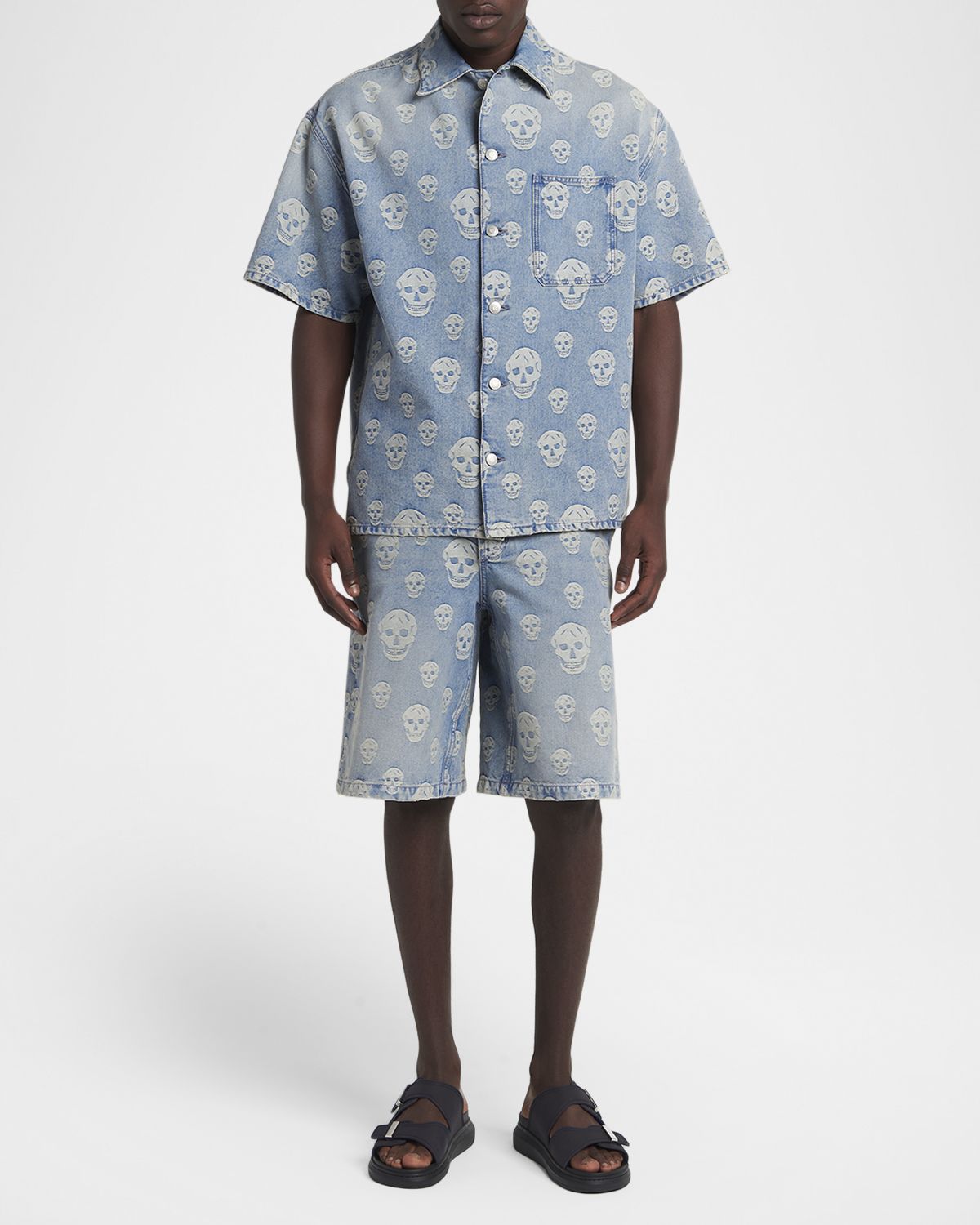 McQueen Men 's Skull-Print Denim Shorts