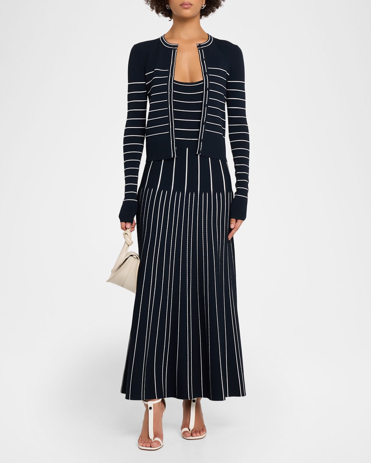 Adam Lippes Faye Pointelle Striped Crewneck Cardigan