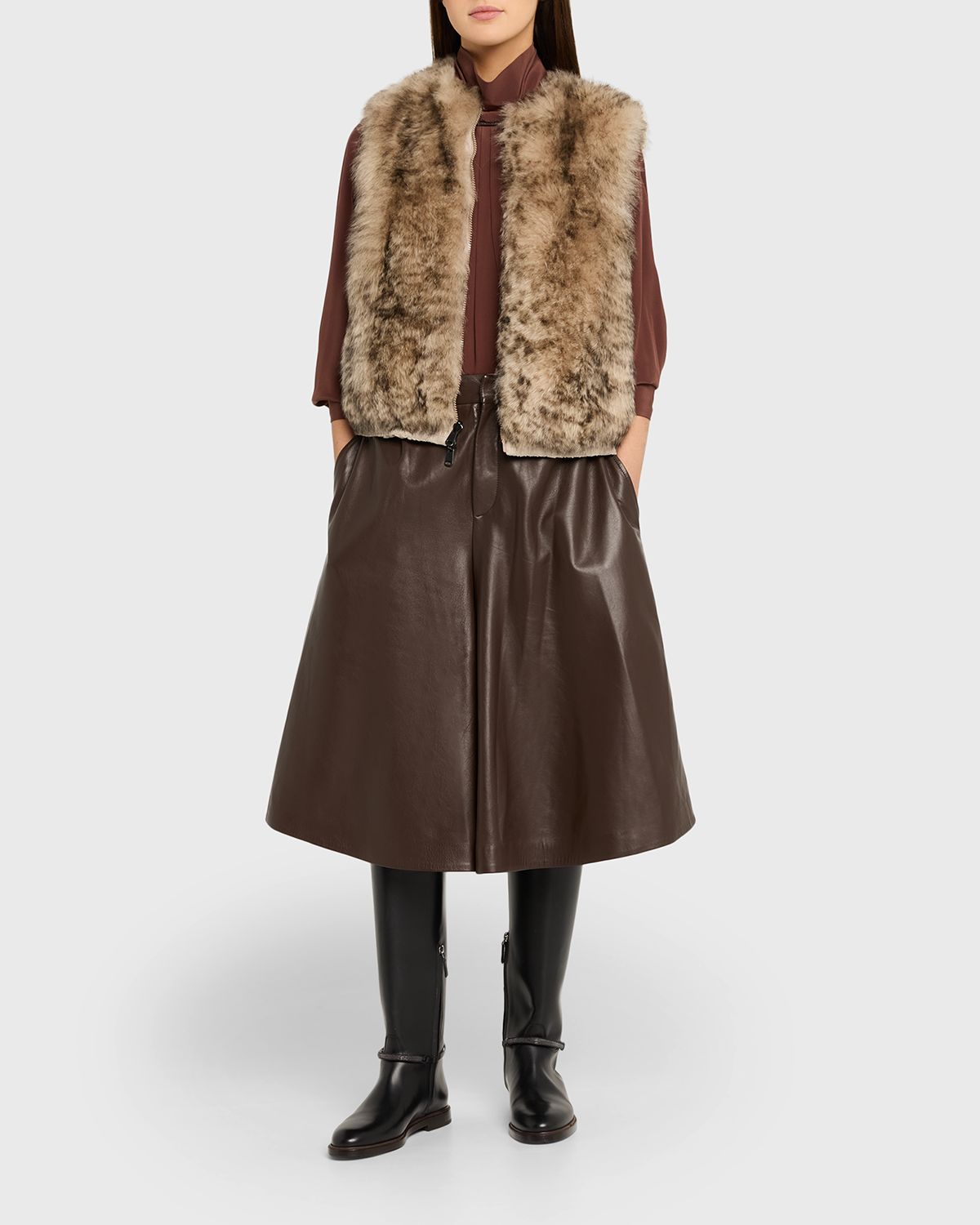 Brunello Cucinelli Pleated Leather Wide-Leg Culotte Pants | Thumbnail 2 Brunello Cucinelli Pleated Leather Wide-Leg Culotte Pants | Thumbnail 2
