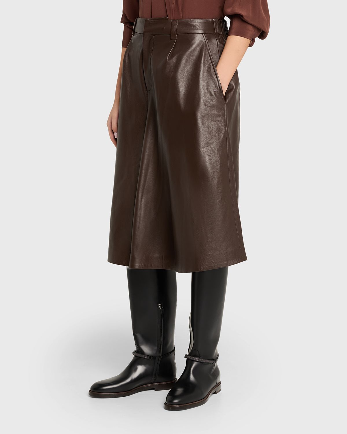 Brunello Cucinelli Pleated Leather Wide-Leg Culotte Pants | Thumbnail 4 Brunello Cucinelli Pleated Leather Wide-Leg Culotte Pants | Thumbnail 4