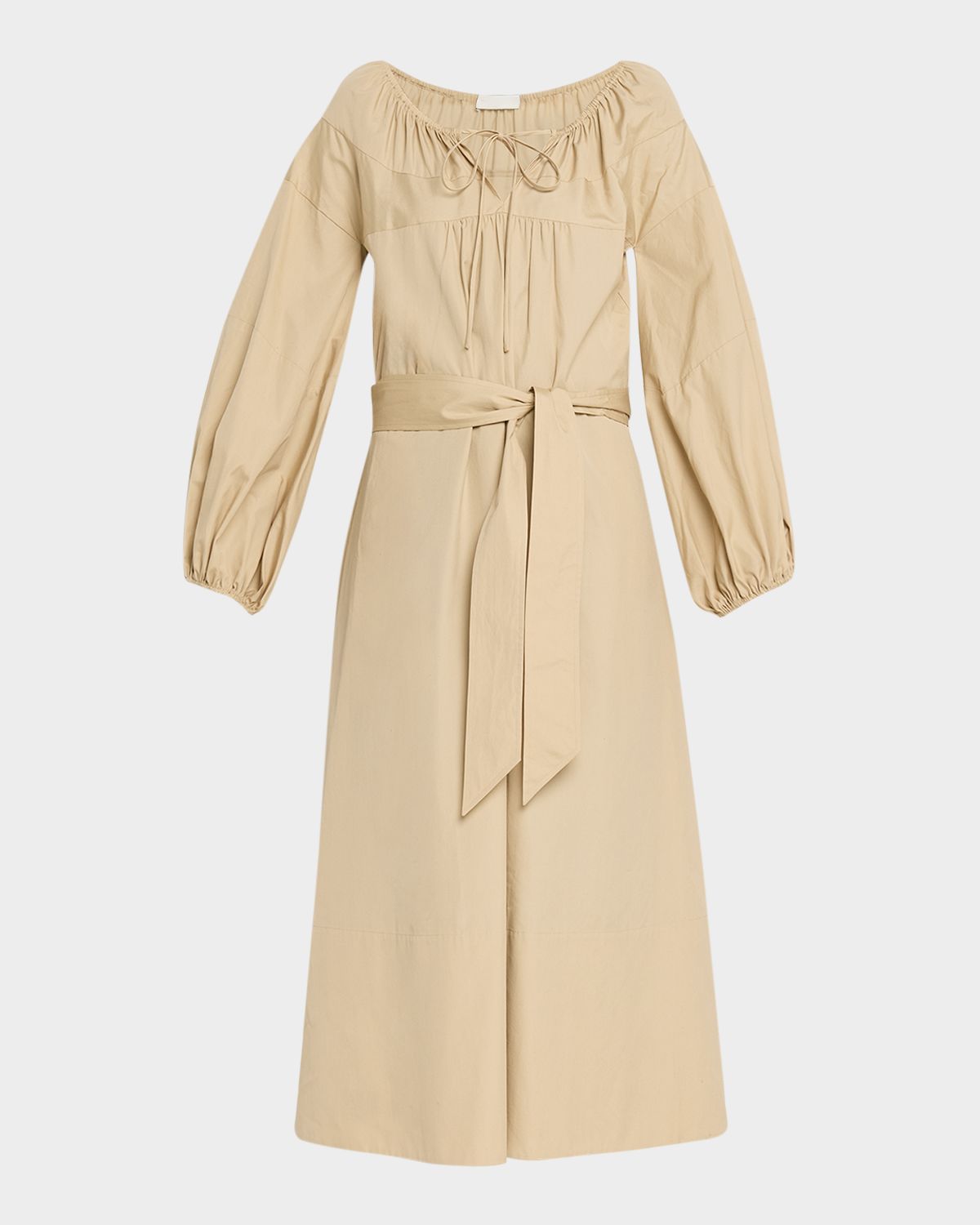 Vince Shirred Cotton Belted Tie-Neck Midi Dress