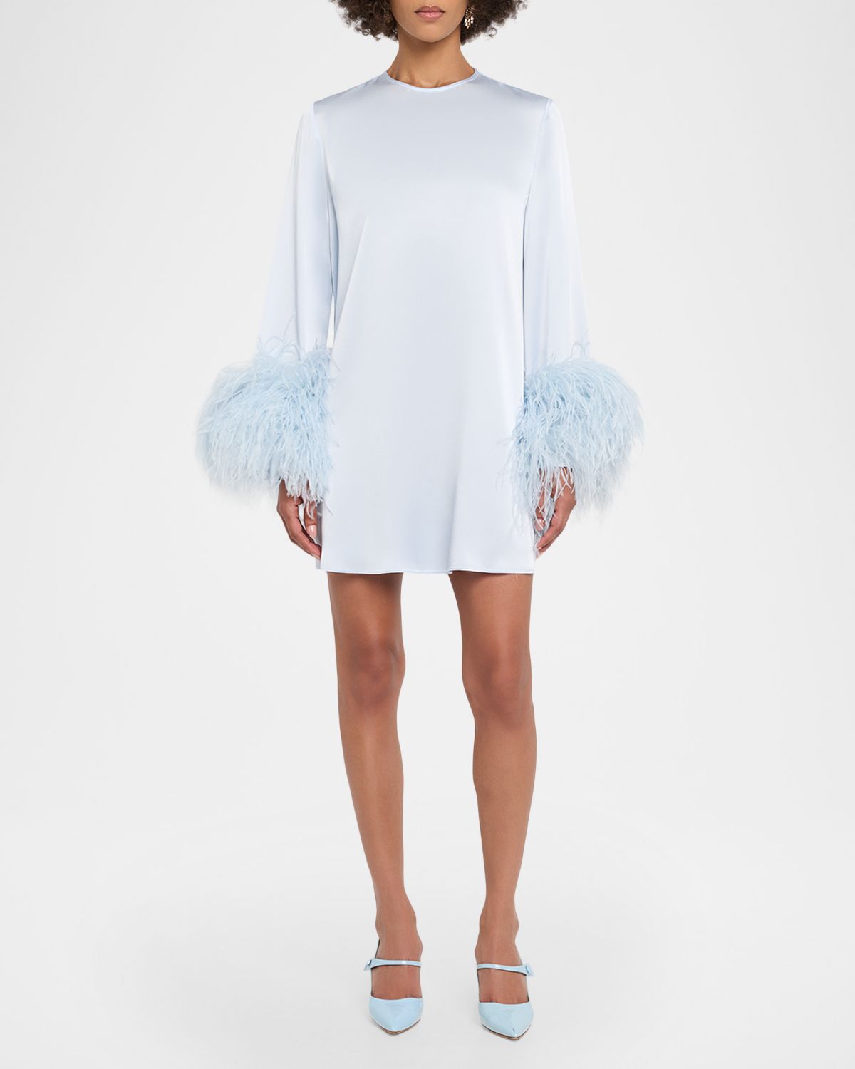 LAPOINTE Long-Sleeve Feather-Trim Satin Mini Shift Dress | Thumbnail 5