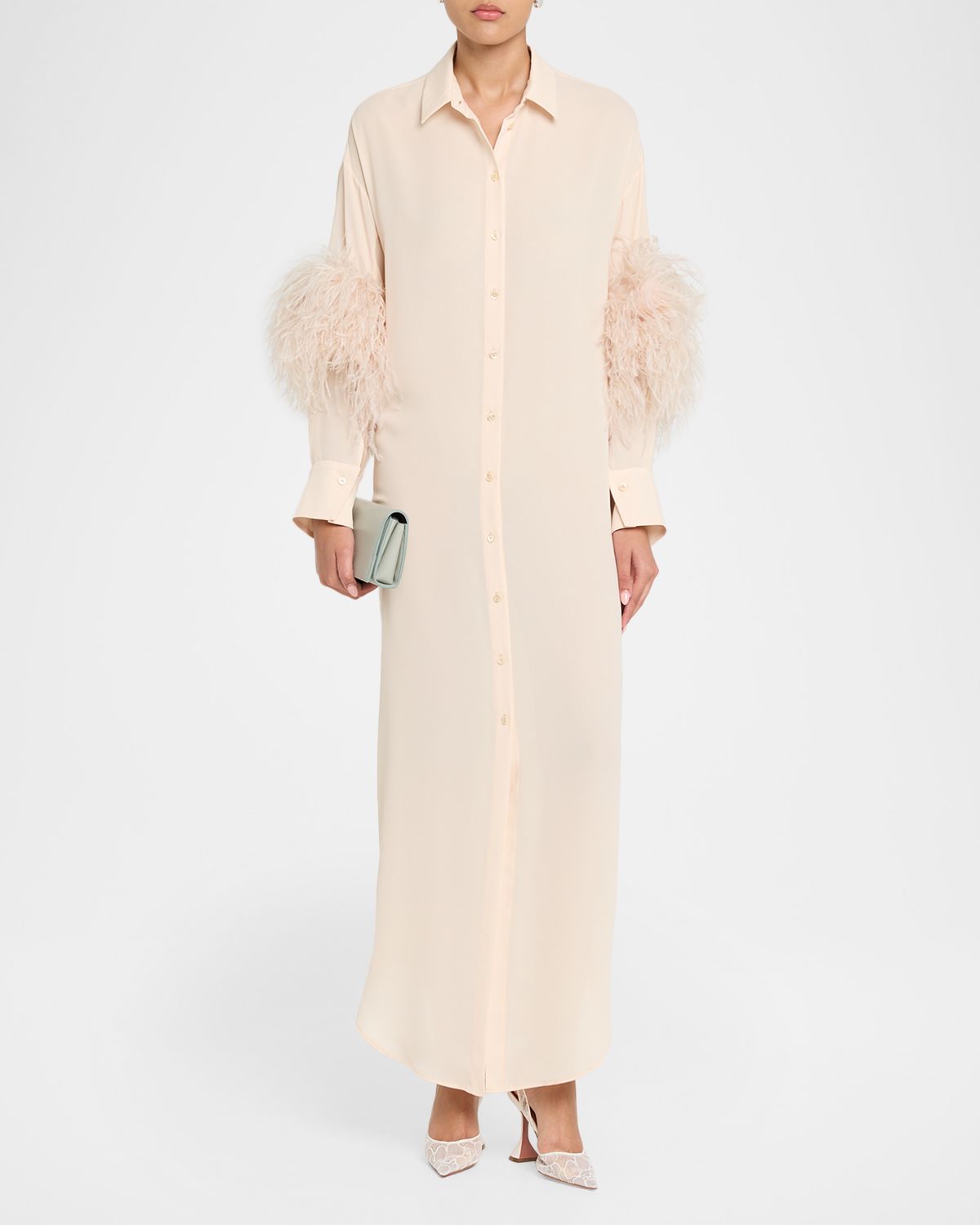 LAPOINTE Feather-Trim Long-Sleeve Georgette Maxi Shirtdress | Thumbnail 5 LAPOINTE Feather-Trim Long-Sleeve Georgette Maxi Shirtdress | Thumbnail 5