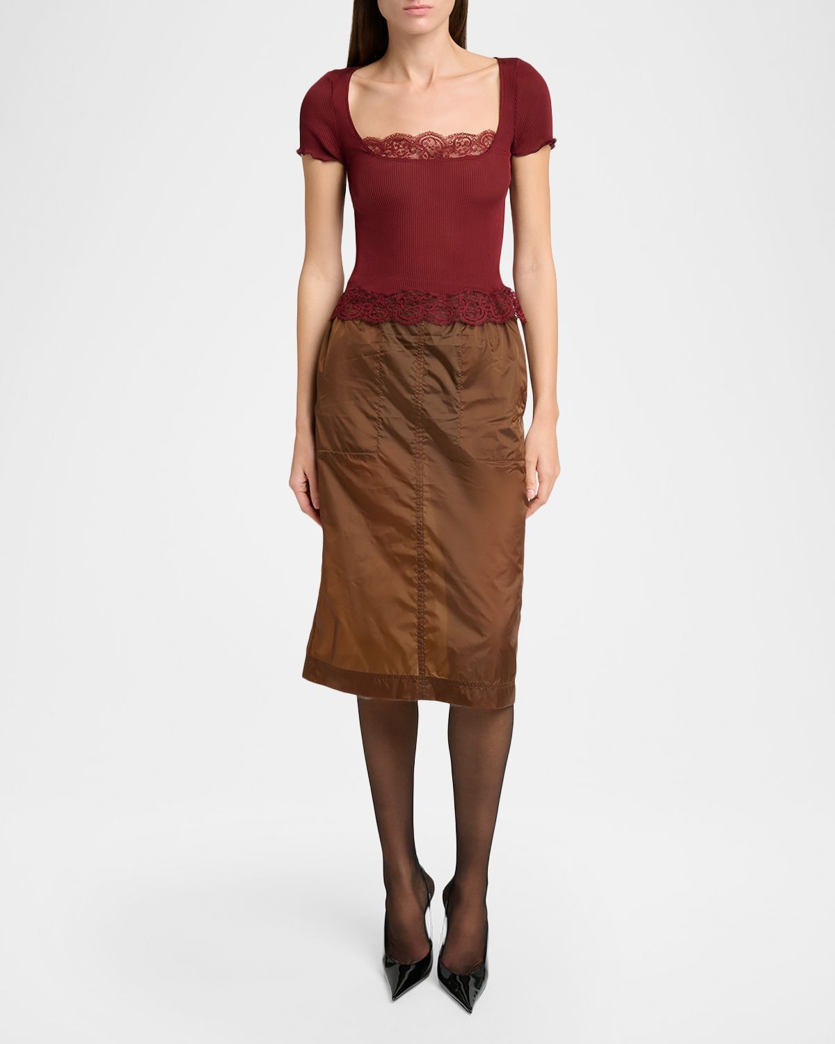 Saint Laurent Ribbed Silk Jersey Square-Neck Top with Lace-Trim