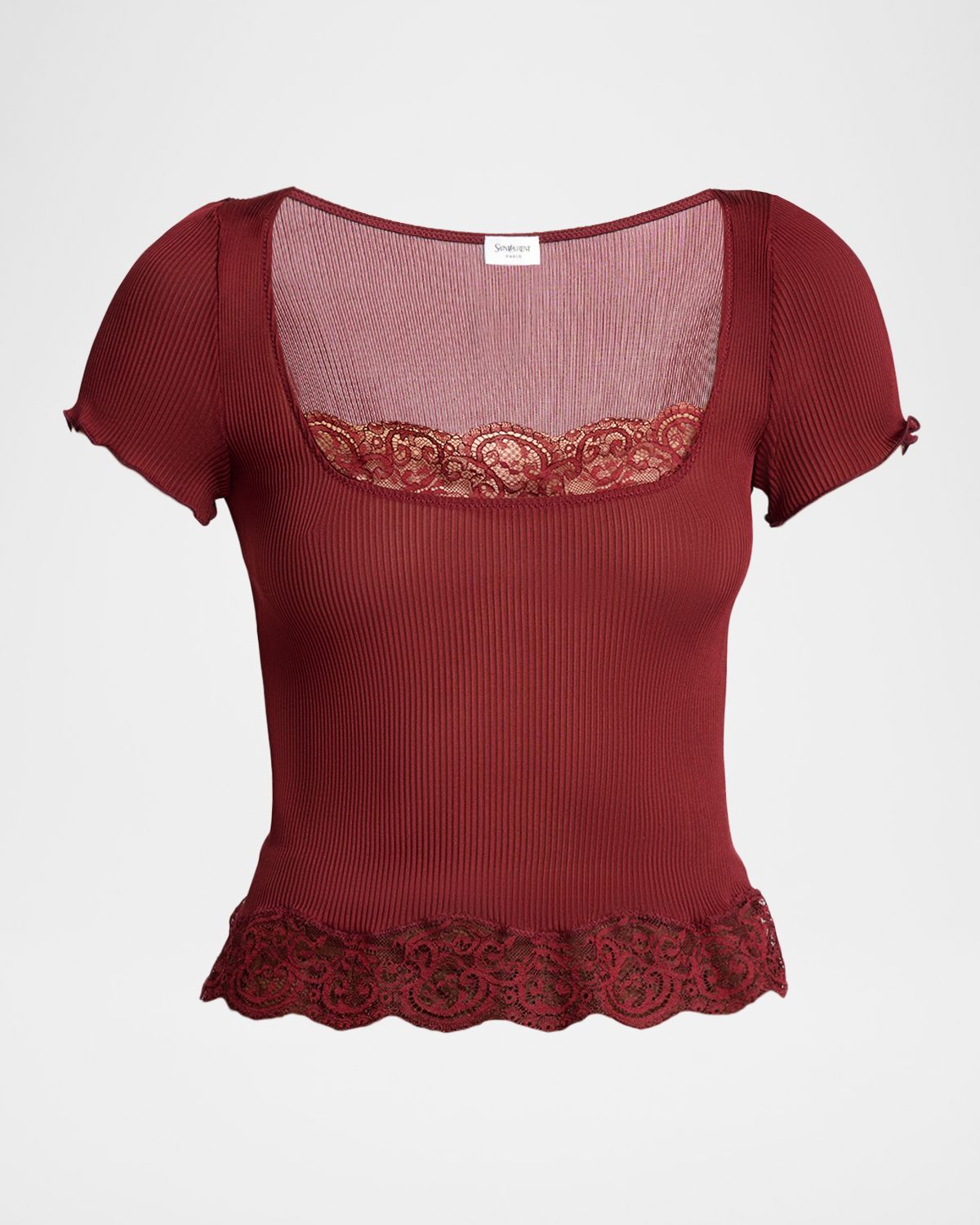 Saint Laurent Ribbed Silk Jersey Square-Neck Top with Lace-Trim