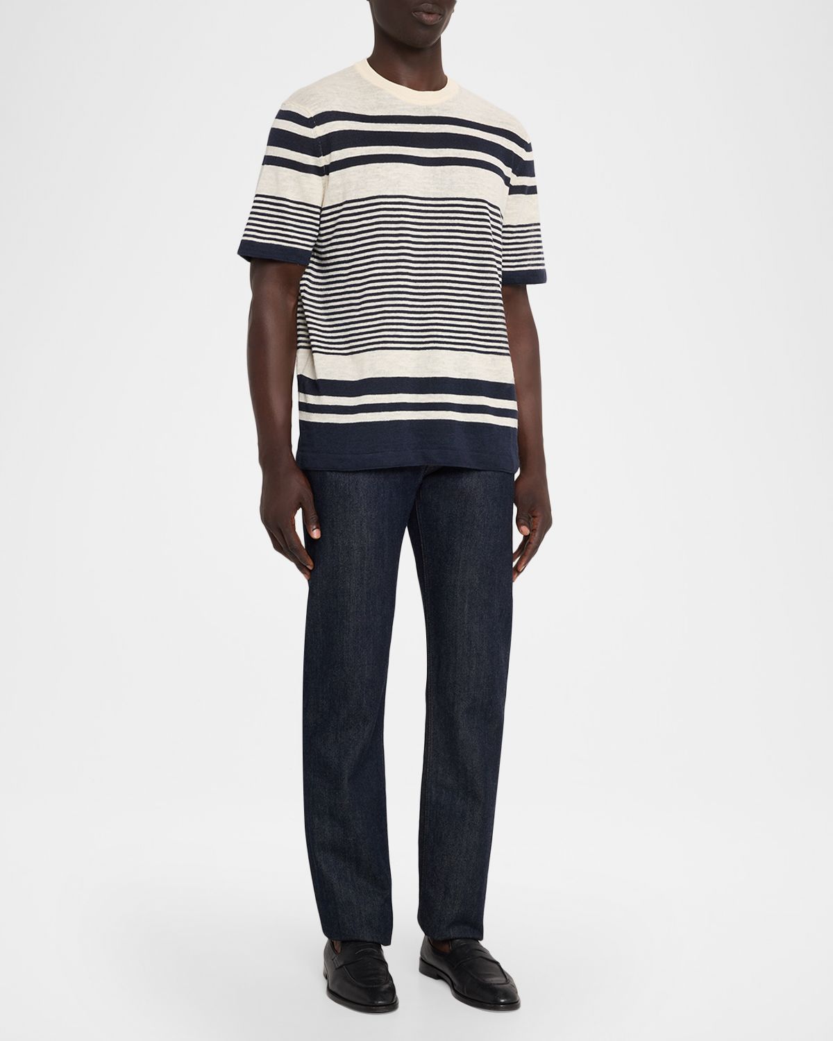 Bugatchi Men 's Linen and Cotton Knit Multi-Stripe Short-Sleeve Crewneck Sweater