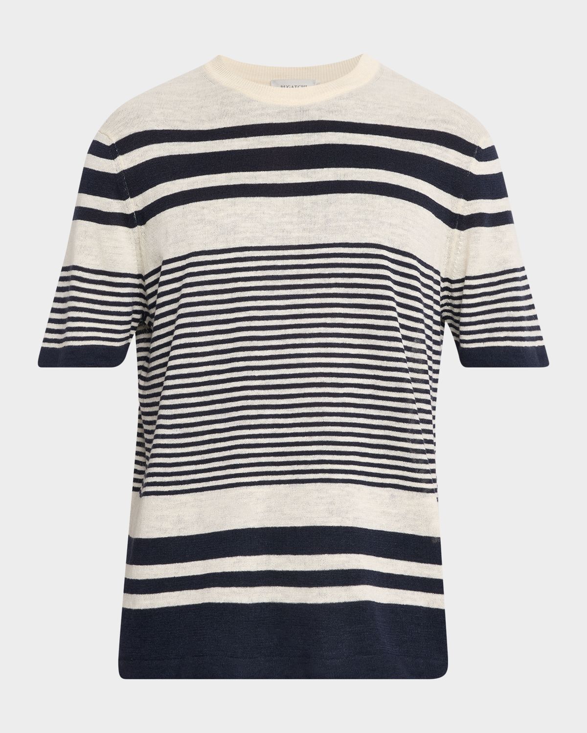 Bugatchi Men 's Linen and Cotton Knit Multi-Stripe Short-Sleeve Crewneck Sweater