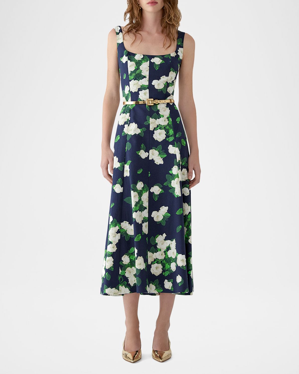 Carolina Herrera Sleeveless Square-Neck Rose-Print Paneled Midi Dress