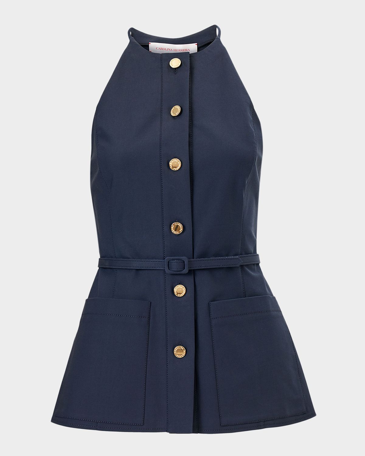 Carolina Herrera Button-Front Belted Halter Peplum Top | Thumbnail 5