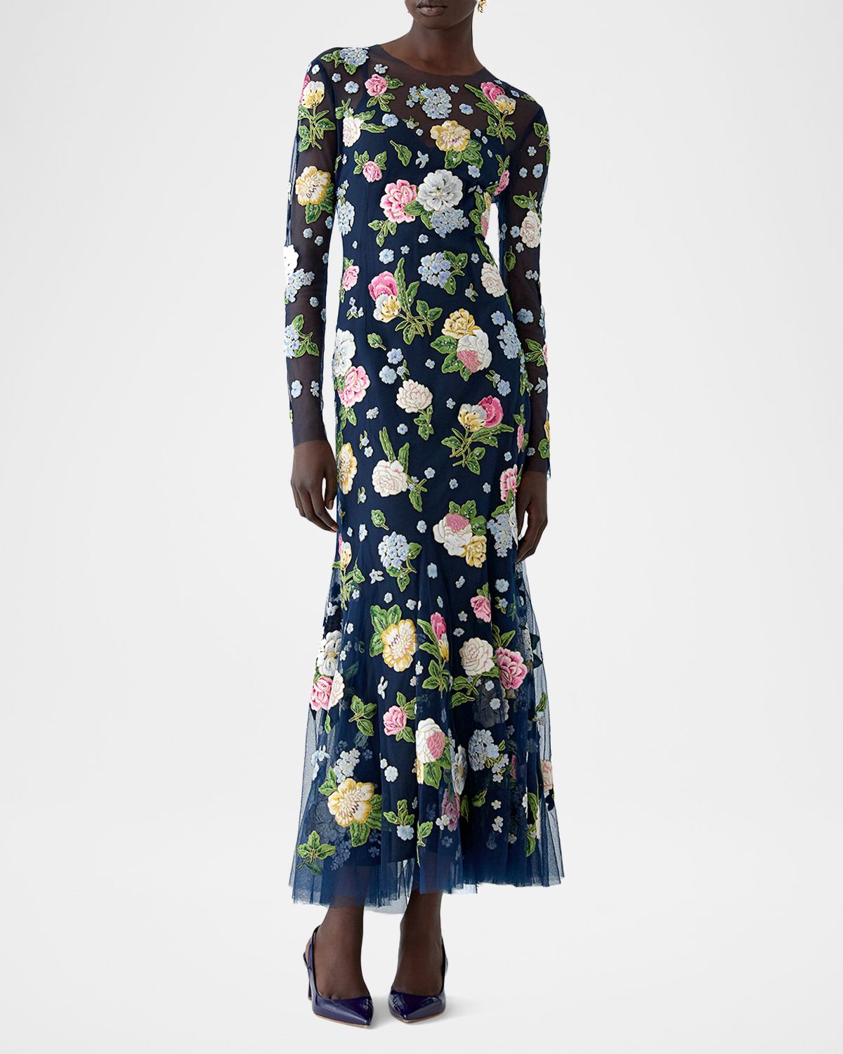 Carolina Herrera Floral Embroidered Tulle Long-Sleeve Midi Dress | Thumbnail 4