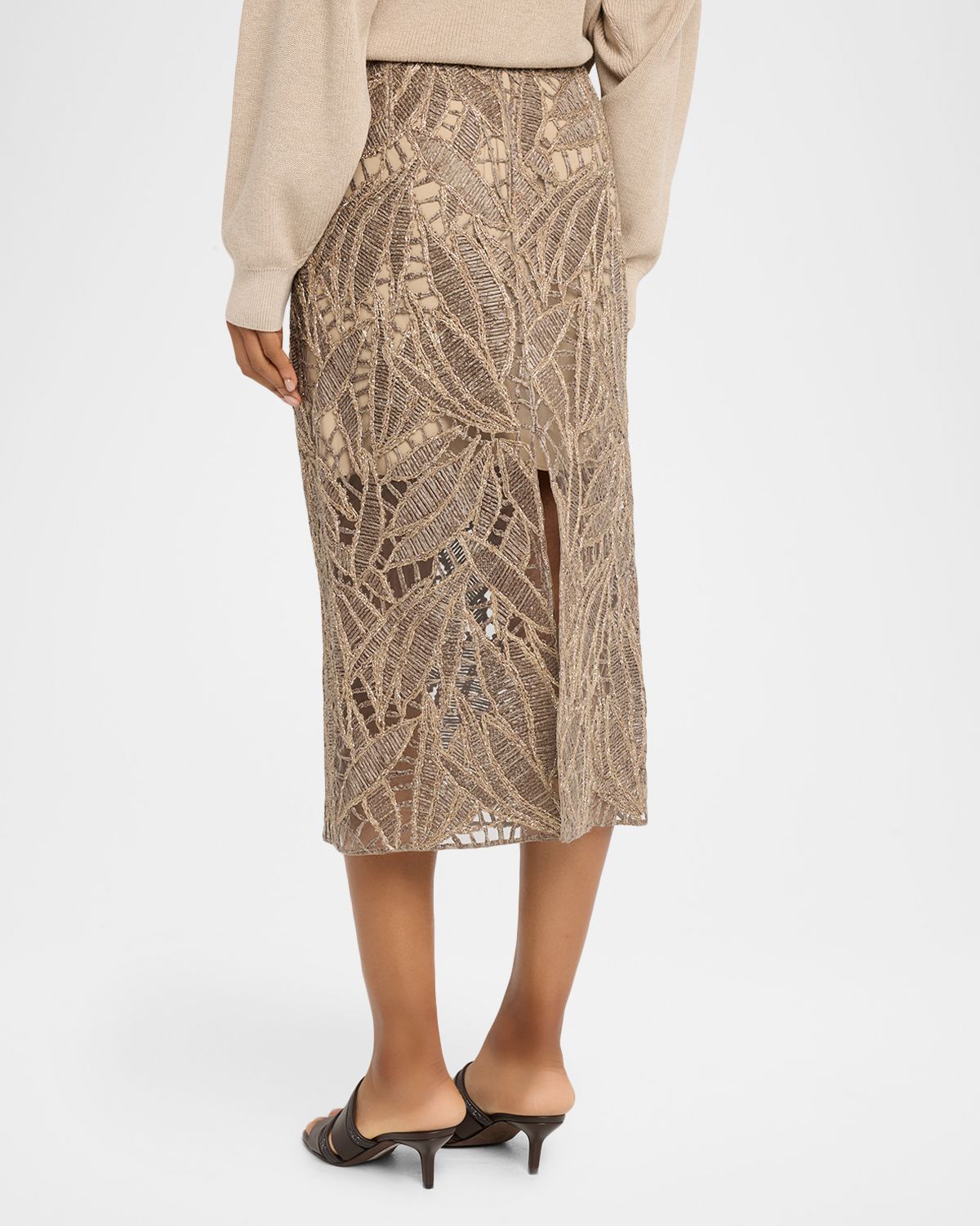 Brunello Cucinelli Leaf-Pattern Openwork Midi Skirt | Thumbnail 3