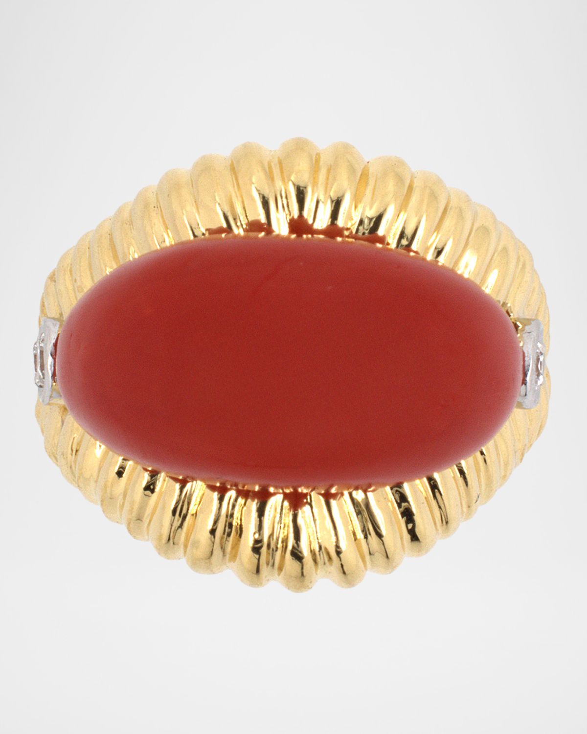 NM Estate Estate 18K Yellow Gold Diamond and Coral Domed Saddle Ring, Size 6.75