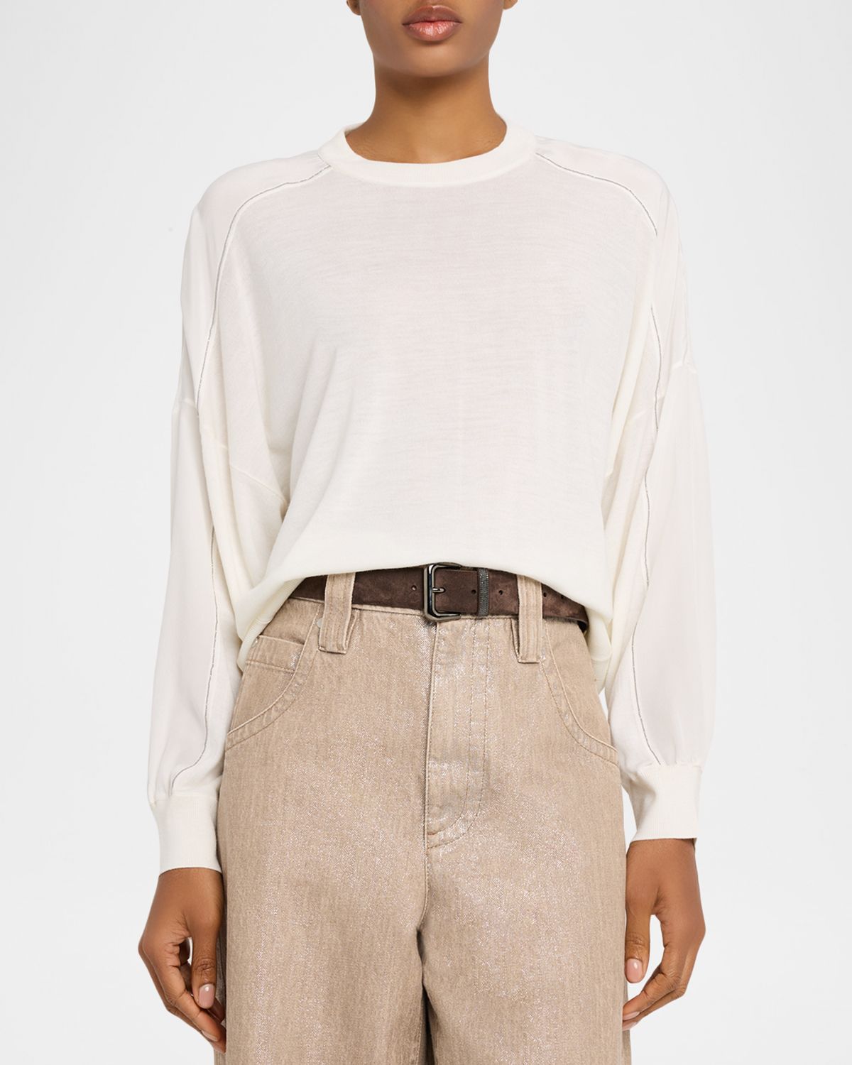 Brunello Cucinelli Monili-Trim Sleeve-Panel Cashmere Sweater | Thumbnail 4