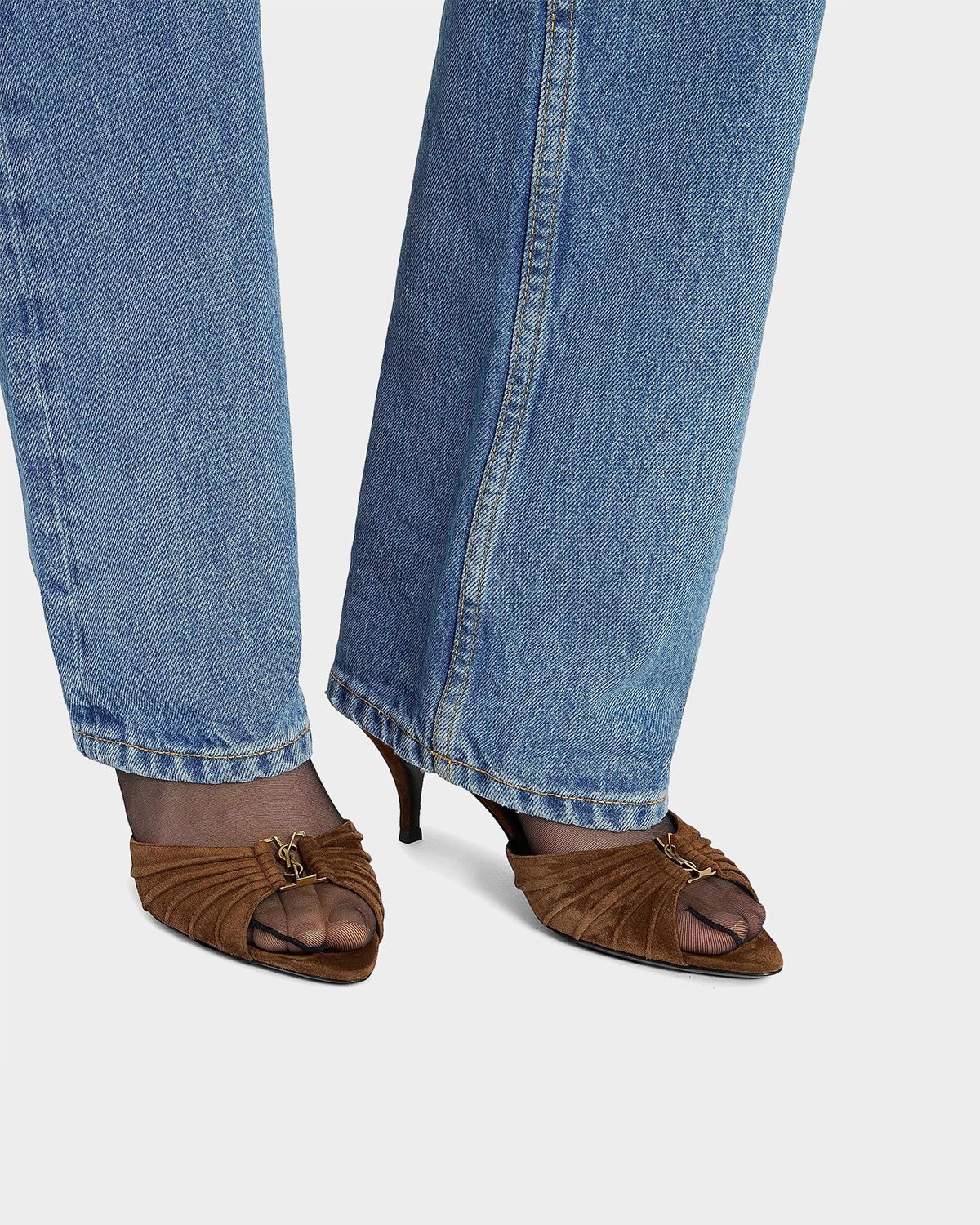 Saint Laurent 60mm Babylone YSL Ruched Suede Mule Sandals